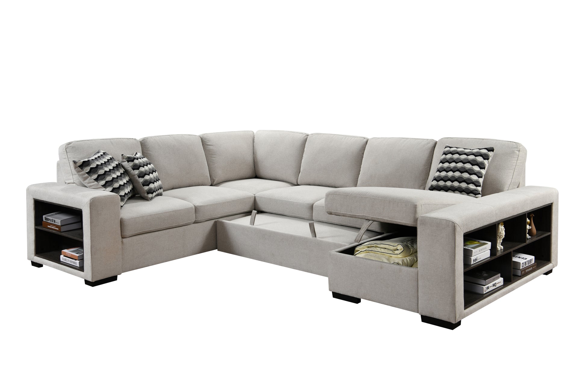 125'' Modern U Shaped 7 Seat Sectional Sofa Couch With Cabinet,Sofa Bed With Storage Chaise Pull Out Couch Bed For Living Room,Beige Light Brown Wood Primary Living Space Heavy Duty Eucalyptus 7 Seat Beige Polyester Soft Pillow Back Modern Square Arms