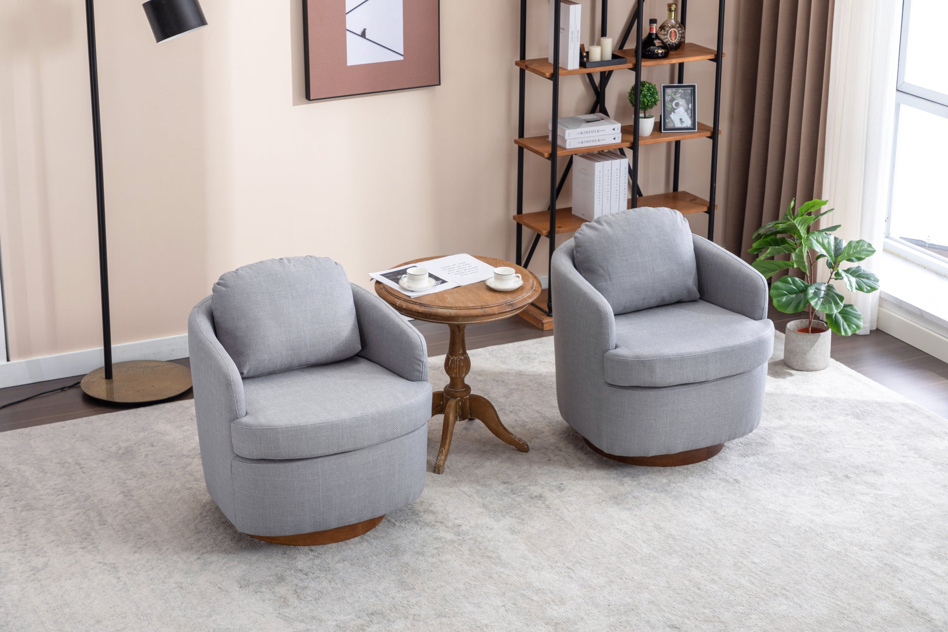 035 Linen Fabric Swivel Accent Chair With Soild Wood Round Brown Base Leg,Light Blue Light Blue Brown Primary Living Space Modern Eucalyptus Foam Linen