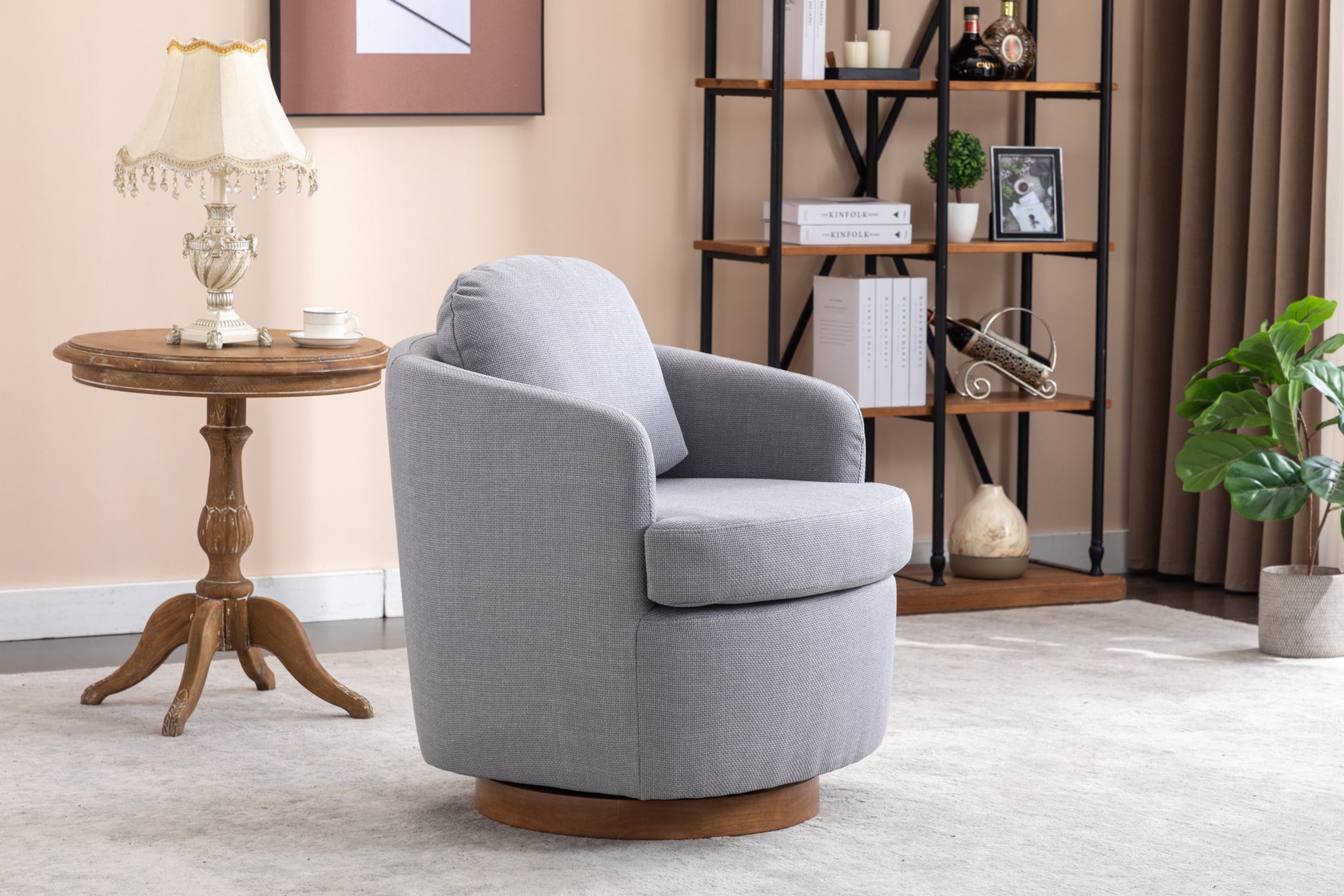 035 Linen Fabric Swivel Accent Chair With Soild Wood Round Brown Base Leg,Light Blue Light Blue Brown Primary Living Space Modern Eucalyptus Foam Linen