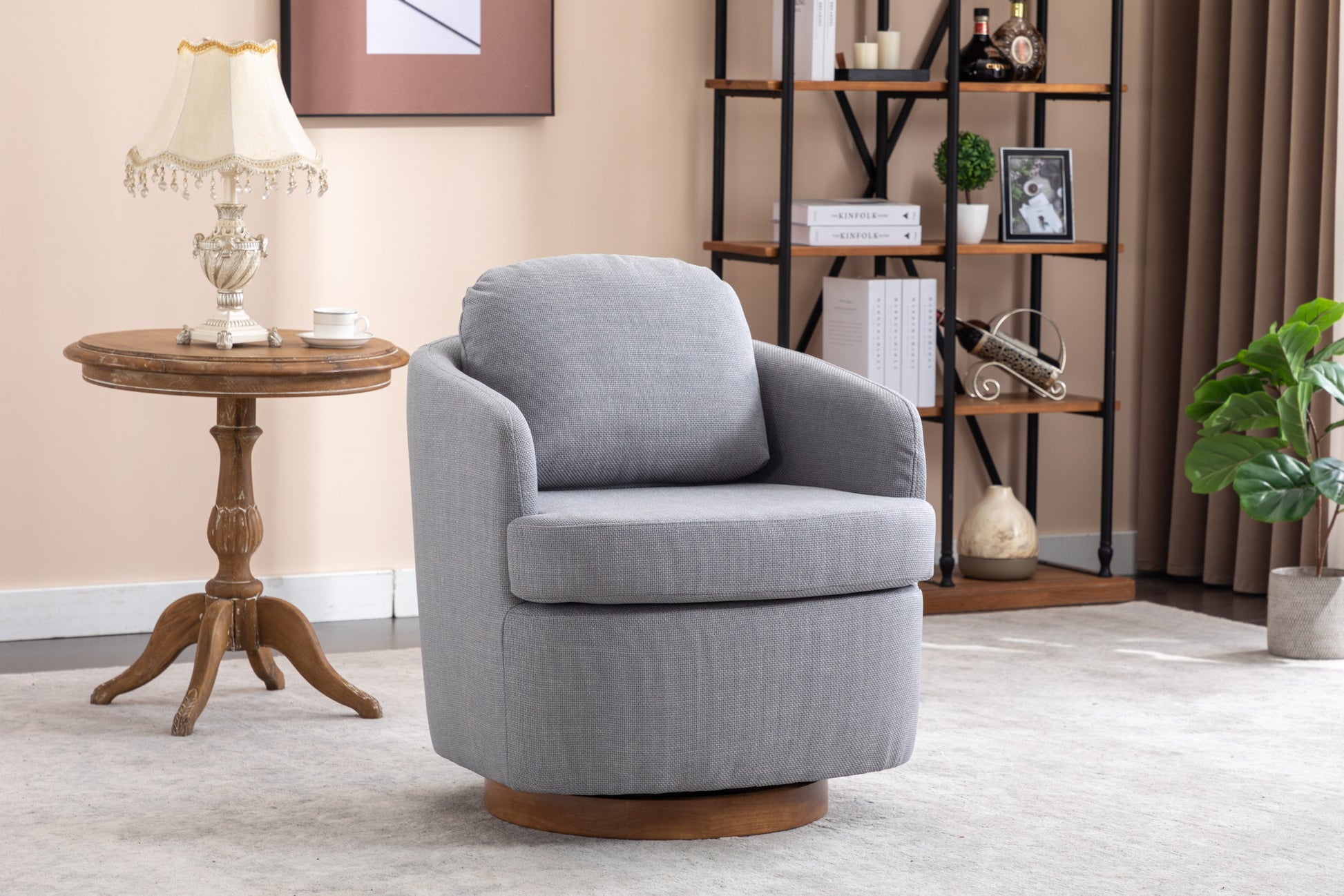 035 Linen Fabric Swivel Accent Chair With Soild Wood Round Brown Base Leg,Light Blue Light Blue Brown Primary Living Space Modern Eucalyptus Foam Linen