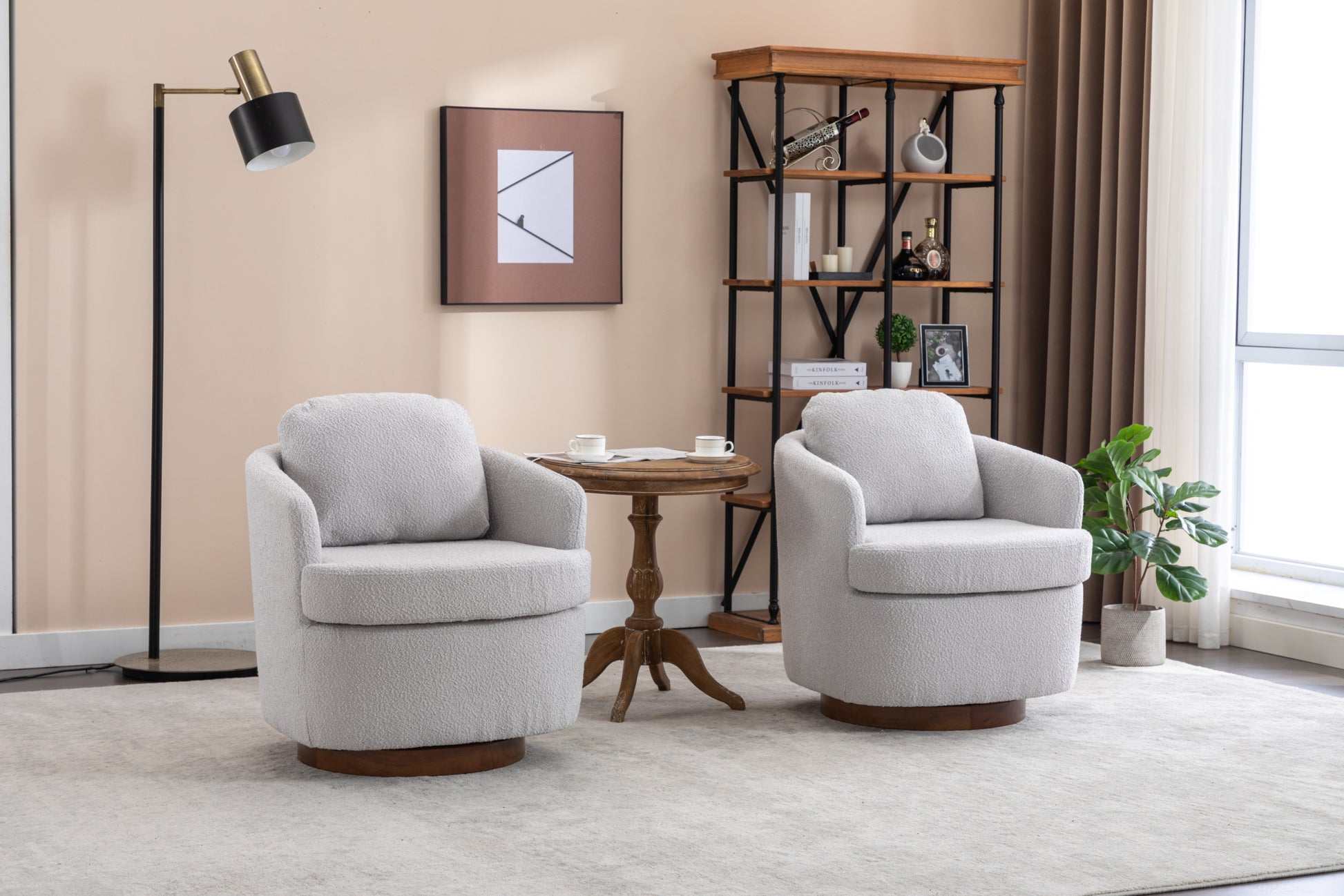 035 Boucle Fabric Swivel Accent Chair With Soild Wood Round Brown Base Leg,Light Gray Light Gray Brown Primary Living Space Modern Eucalyptus Foam Boucle