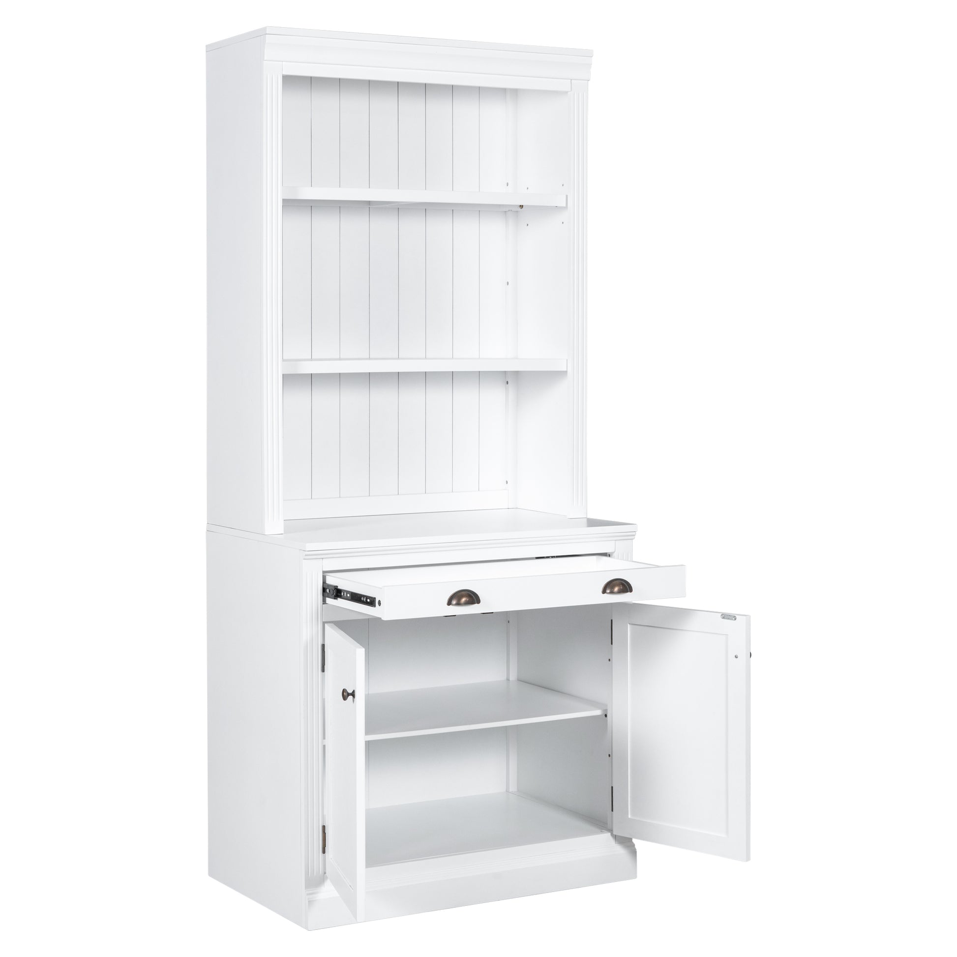 83.4"Tall 2 Bookshelf & 1 Writting Desk Suite,Modern Bookcase Suite With Led Lighting, Drawers,Doors,Study Desk And Open Shelves,3 Piece Set Storage Bookshelf For Living Room,Home Office,White White Solid Wood Mdf