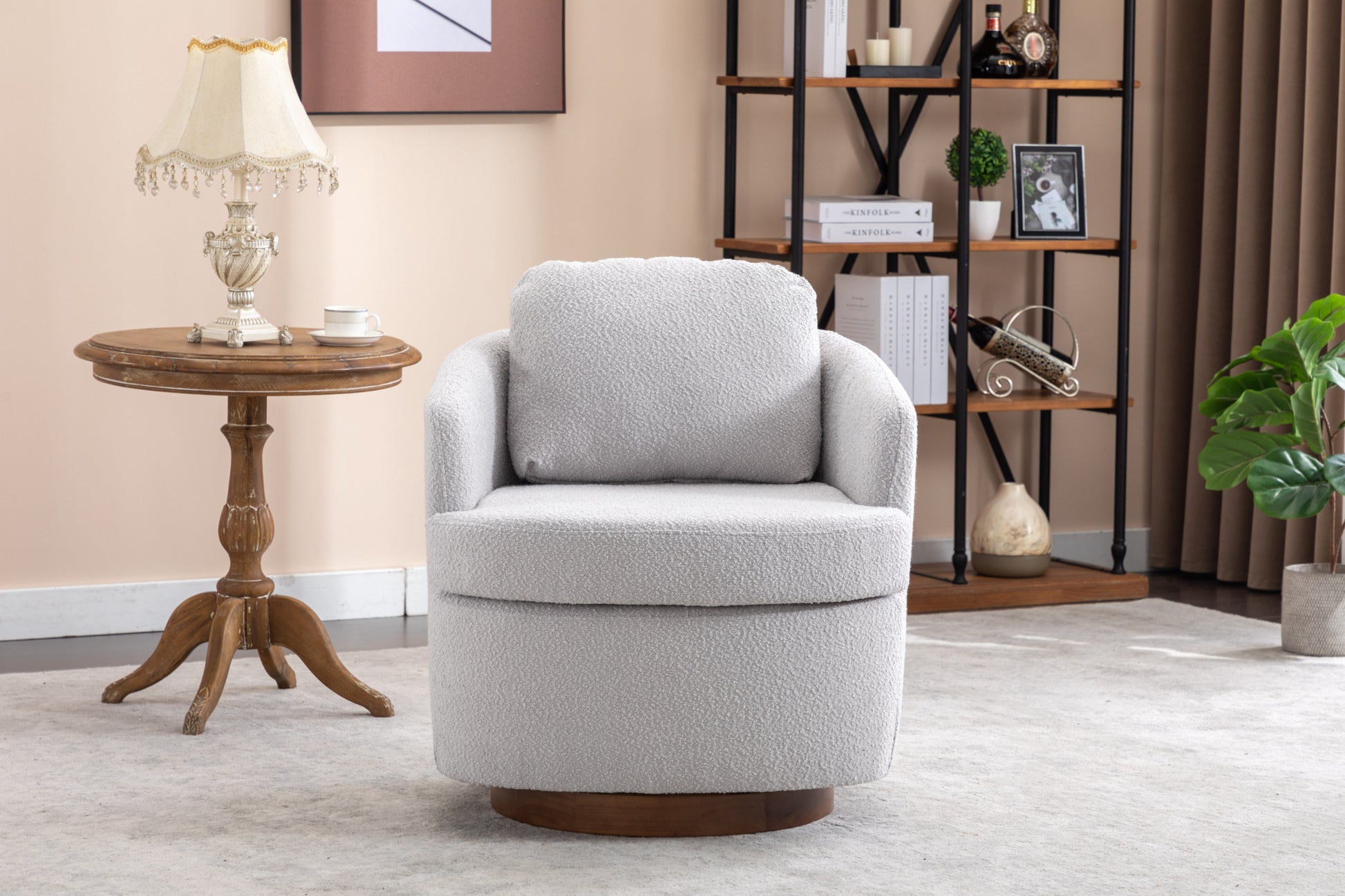 035 Boucle Fabric Swivel Accent Chair With Soild Wood Round Brown Base Leg,Light Gray Light Gray Brown Primary Living Space Modern Eucalyptus Foam Boucle