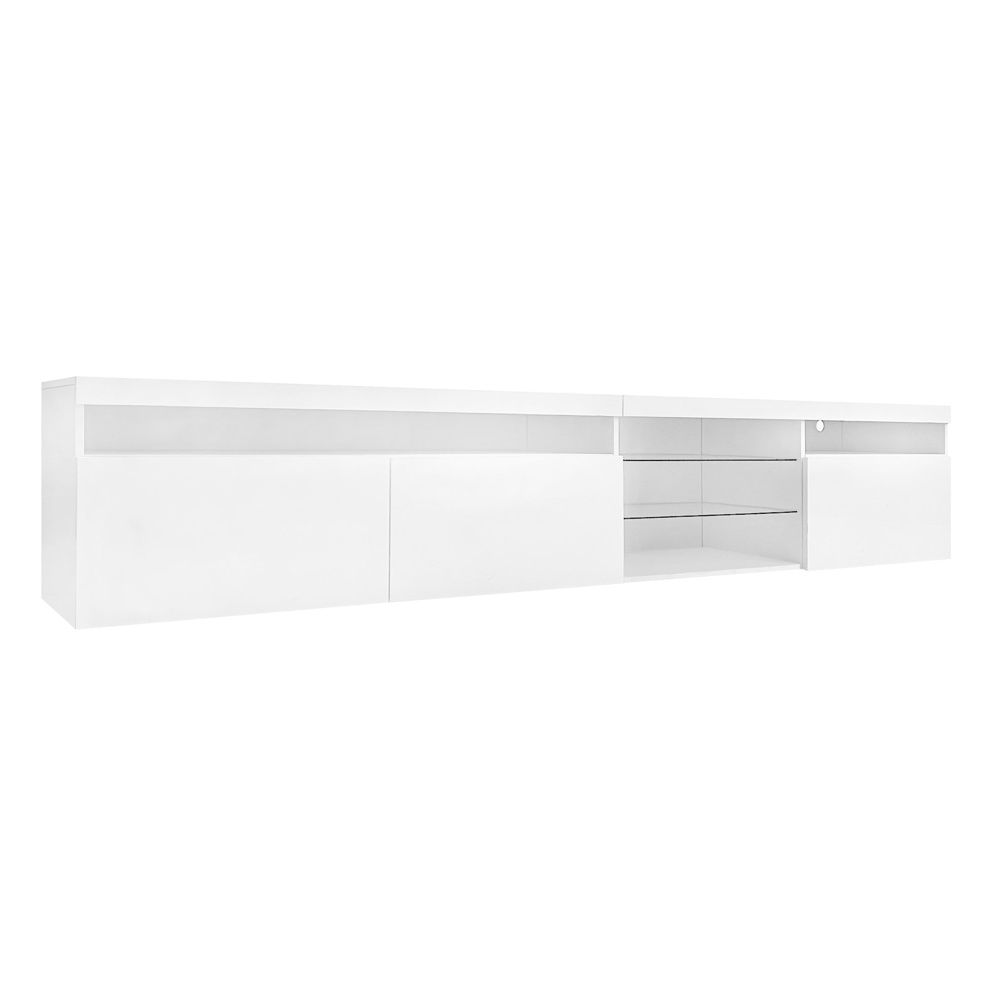 Unique Design Tv Stand With 2 Glass Shelves, Large Storage Space Media Console For Tvs Up To 105", Versatile Tv Cabinet With Led Color Changing Lights For Living Room, White White Primary Living Space 90 Inches Or Larger Particle Board