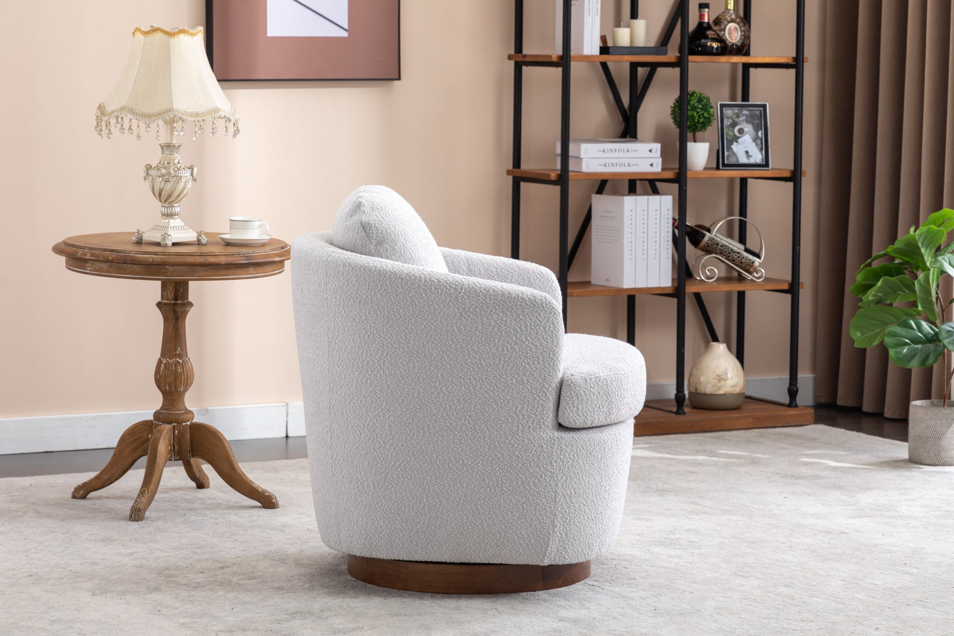 035 Boucle Fabric Swivel Accent Chair With Soild Wood Round Brown Base Leg,Light Gray Light Gray Brown Primary Living Space Modern Eucalyptus Foam Boucle