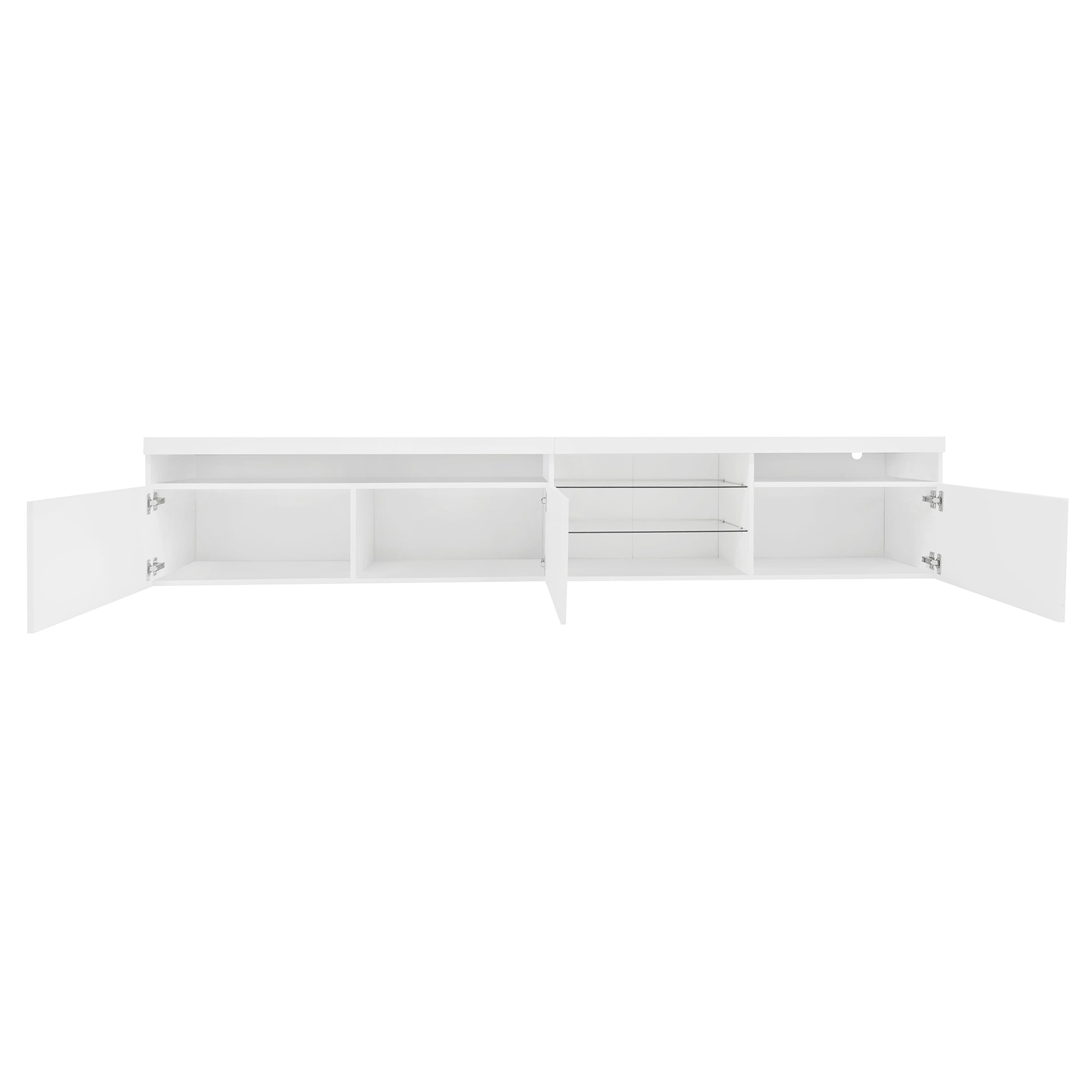 Unique Design Tv Stand With 2 Glass Shelves, Large Storage Space Media Console For Tvs Up To 105", Versatile Tv Cabinet With Led Color Changing Lights For Living Room, White White Primary Living Space 90 Inches Or Larger Particle Board