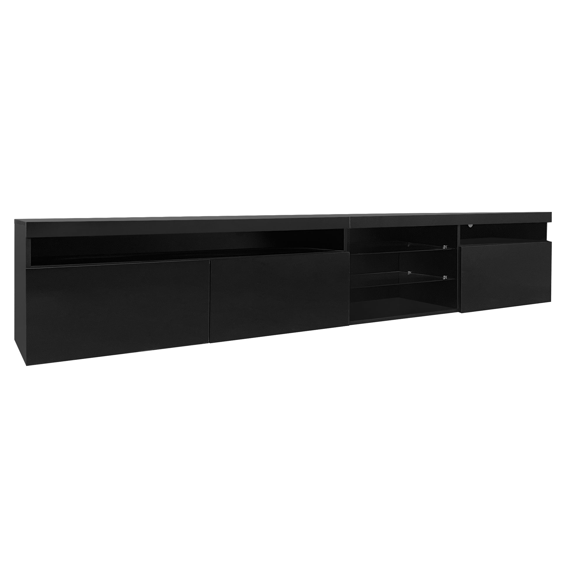 Unique Design Tv Stand With 2 Glass Shelves, Large Storage Space Media Console For Tvs Up To 105", Versatile Tv Cabinet With Led Color Changing Lights For Living Room, Black Black Primary Living