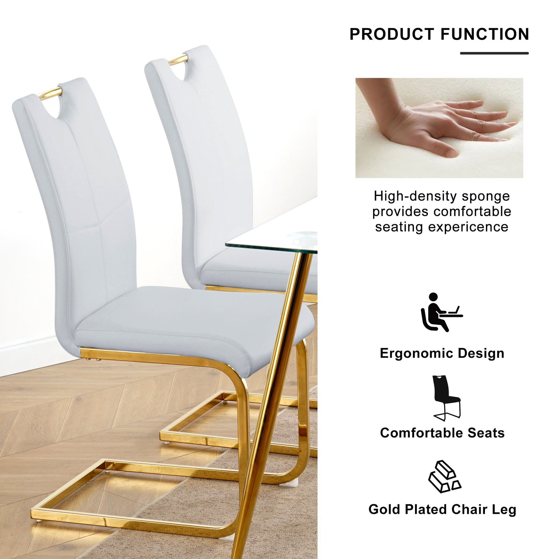 Modern Simple Rectangular Glass Dining Table, Wear Resistant Tempered Glass Countertop, Gold Plated Legs, Grey Pu Dining Chair Set, Suitable For Restaurant Kitchen Use Set Of 5 Upholstered Chair