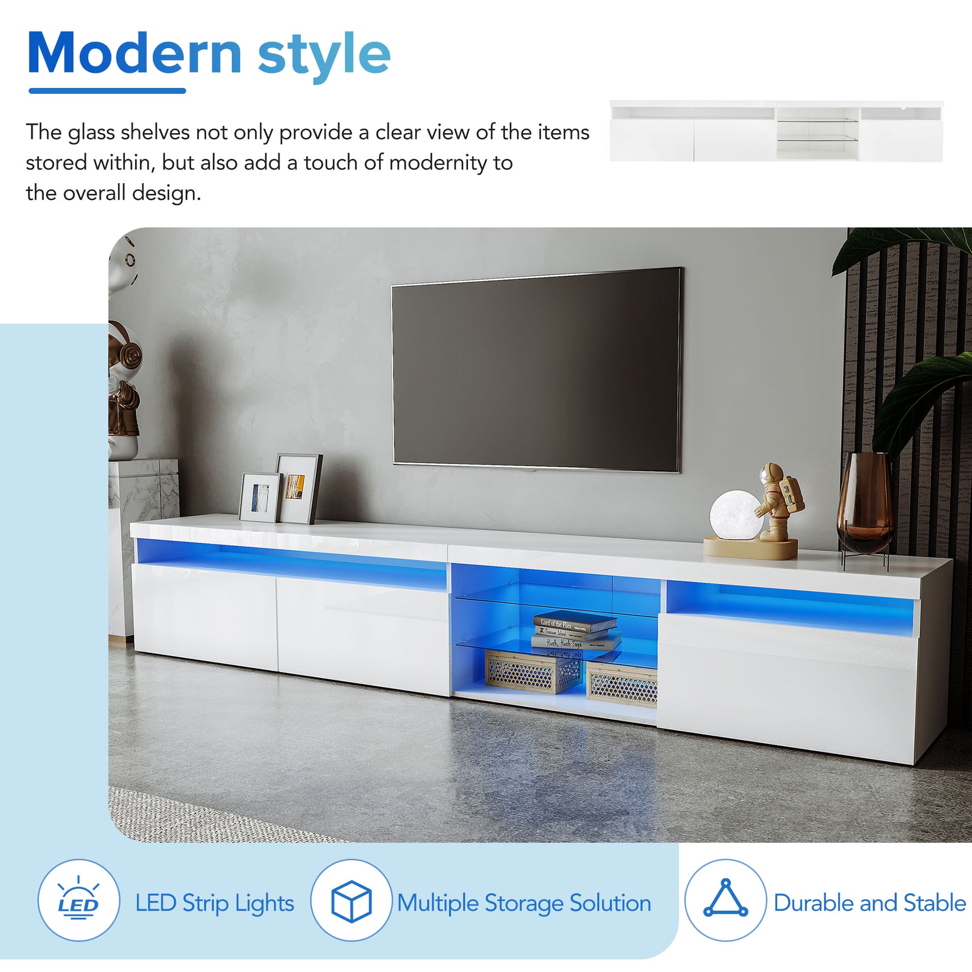 Unique Design Tv Stand With 2 Glass Shelves, Large Storage Space Media Console For Tvs Up To 105", Versatile Tv Cabinet With Led Color Changing Lights For Living Room, White White Primary Living Space 90 Inches Or Larger Particle Board