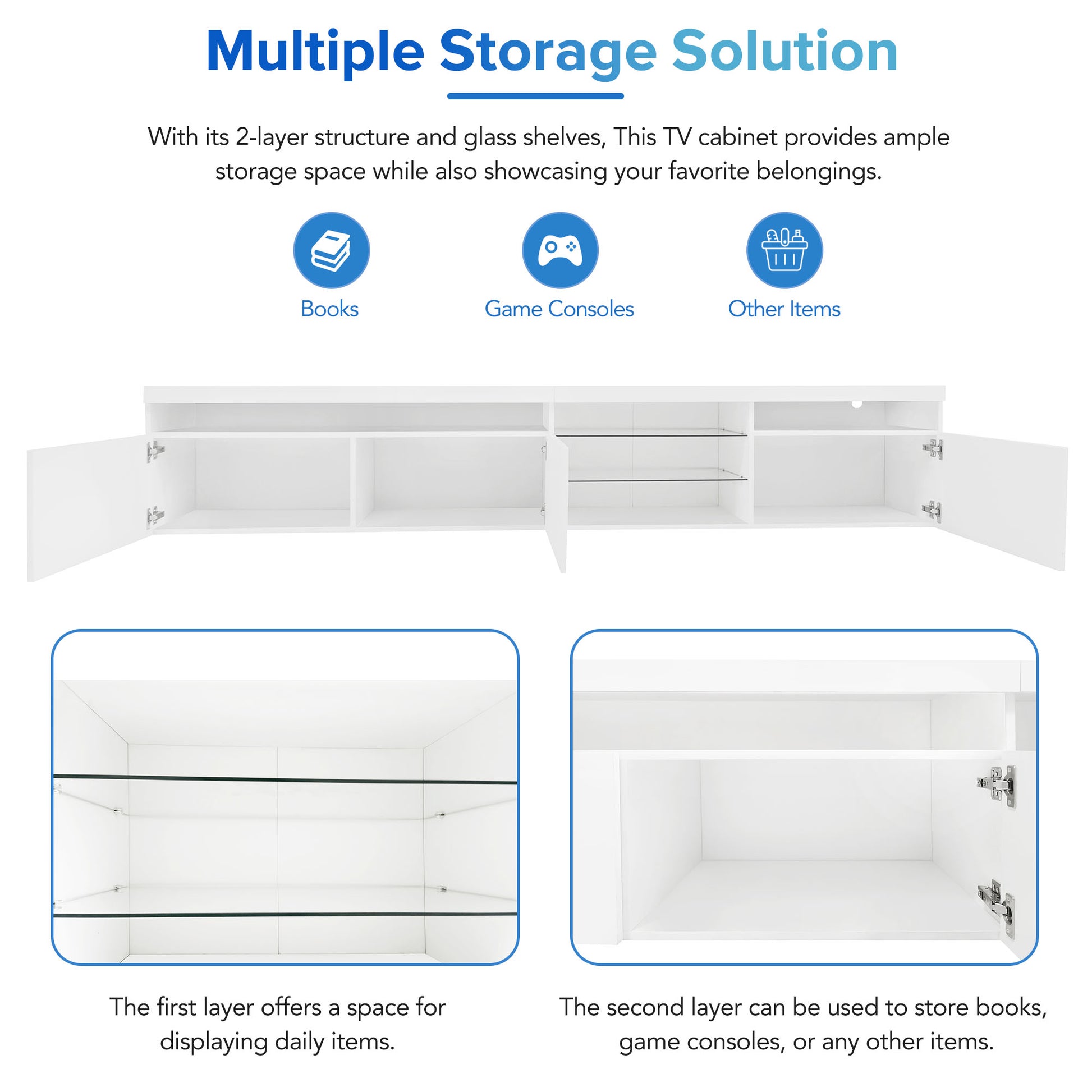 Unique Design Tv Stand With 2 Glass Shelves, Large Storage Space Media Console For Tvs Up To 105", Versatile Tv Cabinet With Led Color Changing Lights For Living Room, White White Primary Living Space 90 Inches Or Larger Particle Board