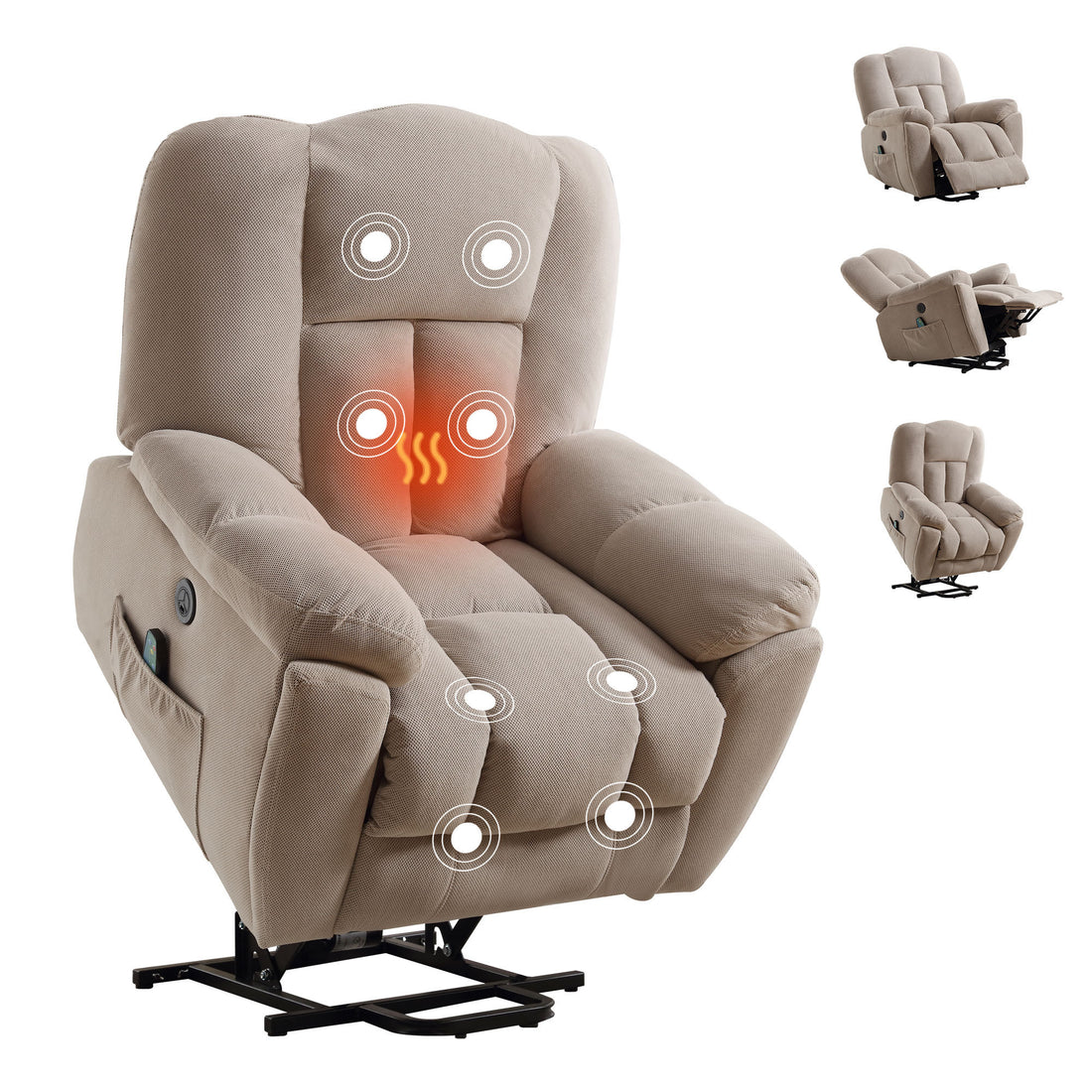 Power Lift Recliner Chair Recliners For Elderly With Heat And Massage Recliner Chair For Living Room With Infinite Position And Side Pocket,Usb Charge Port Beige Beige Soft Heavy Duty Cotton Wood Metal