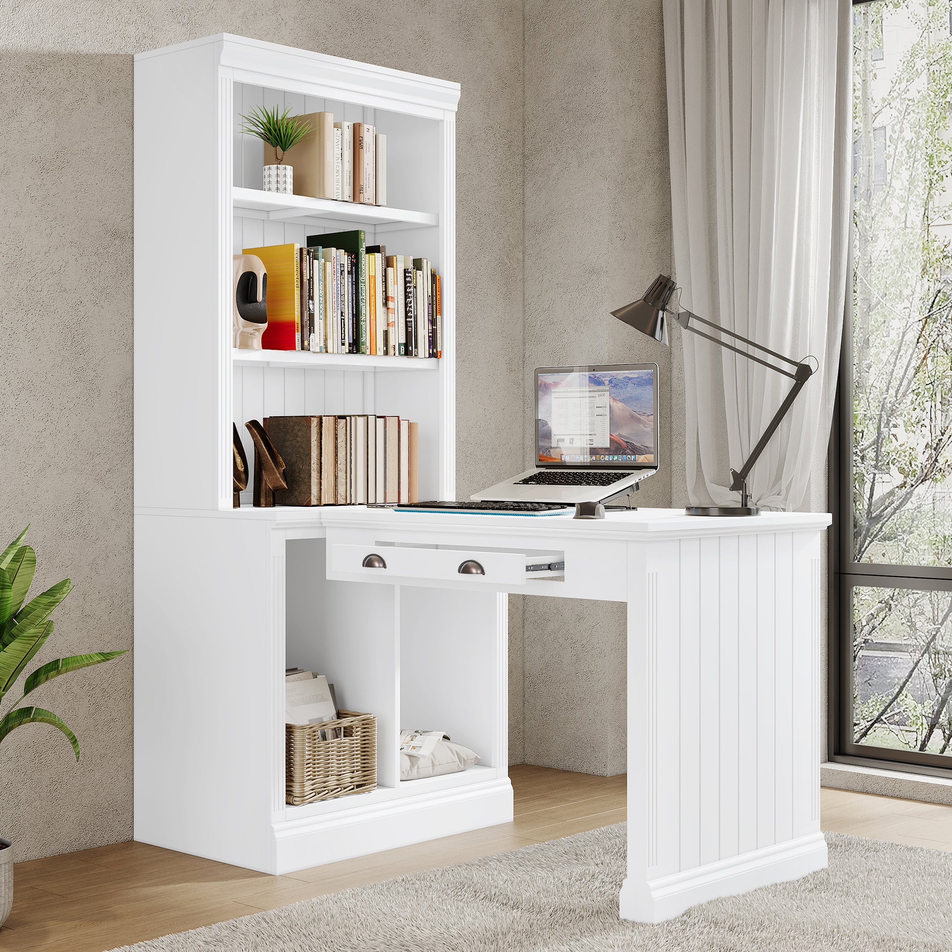 83.4"Tall 2 Bookshelf & 1 Writting Desk Suite,Modern Bookcase Suite With Led Lighting, Drawers,Doors,Study Desk And Open Shelves,3 Piece Set Storage Bookshelf For Living Room,Home Office,White White Solid Wood Mdf