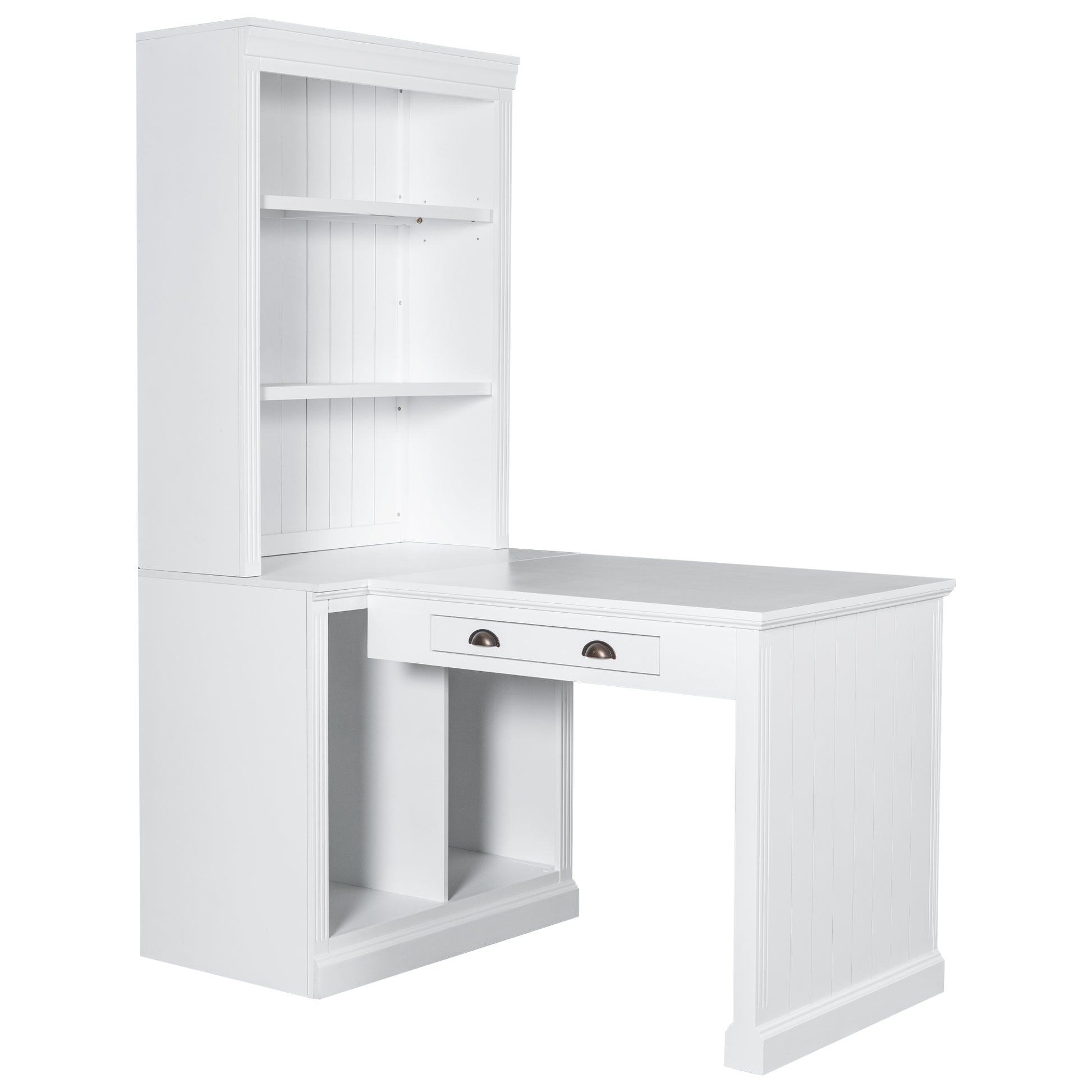 83.4"Tall 2 Bookshelf & 1 Writting Desk Suite,Modern Bookcase Suite With Led Lighting, Drawers,Doors,Study Desk And Open Shelves,3 Piece Set Storage Bookshelf For Living Room,Home Office,White White Solid Wood Mdf