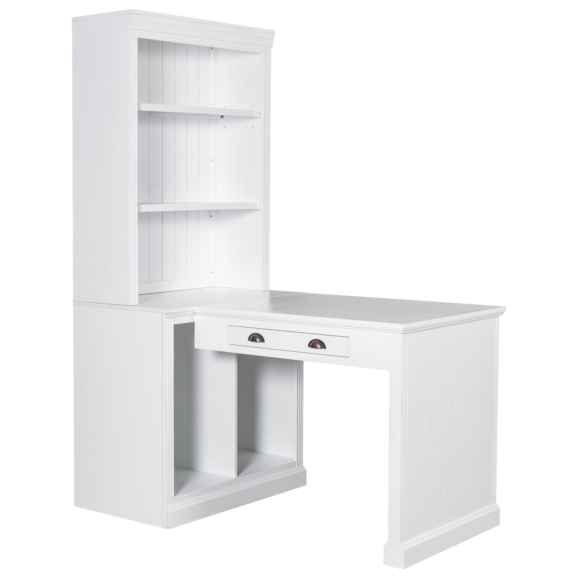 83.4"Tall 2 Bookshelf & 1 Writting Desk Suite,Modern Bookcase Suite With Led Lighting, Drawers,Study Desk And Open Shelves,3 Piece Set Storage Bookshelf For Living Room,Home Office,Study Room,White White Solid Wood Mdf