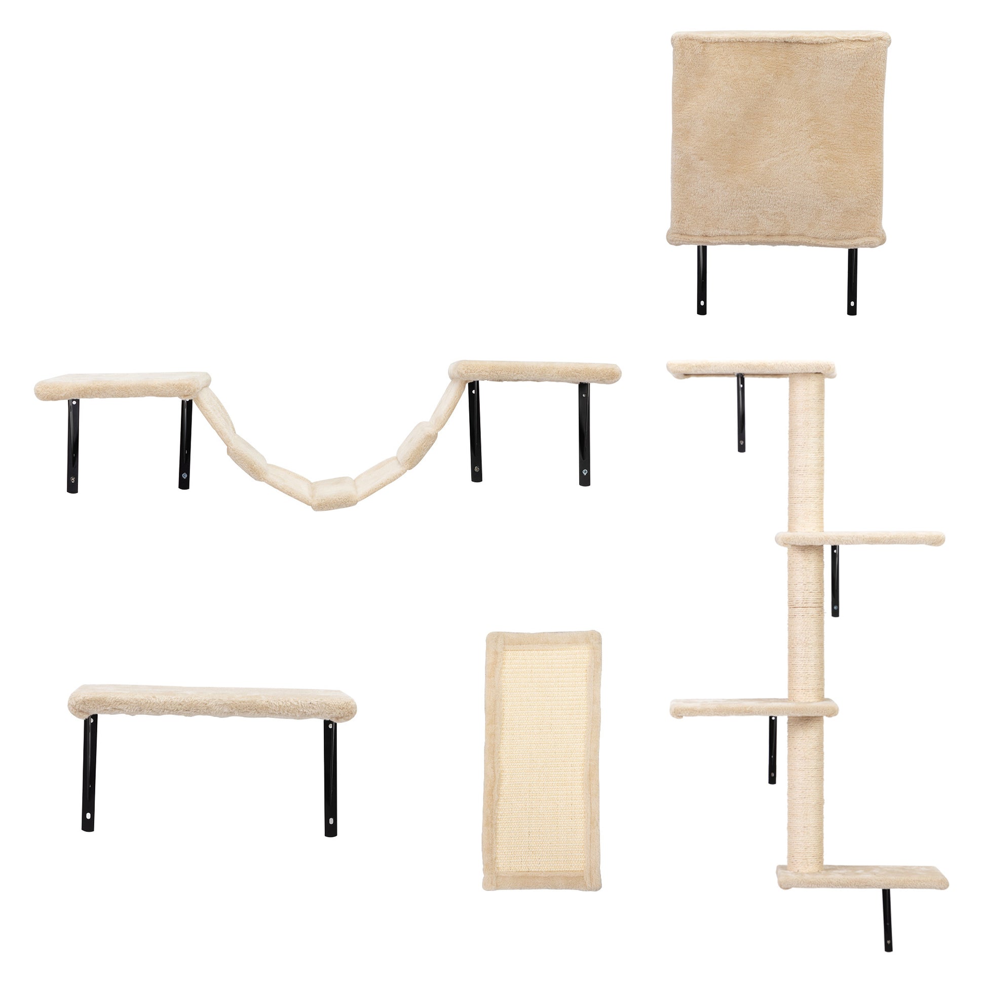 5 Pcs Wall Mounted Cat Climber Set, Floating Cat Shelves And Perches, Cat Activity Tree With Scratching Posts, Modern Cat Furniture, Beige Beige Particle Board