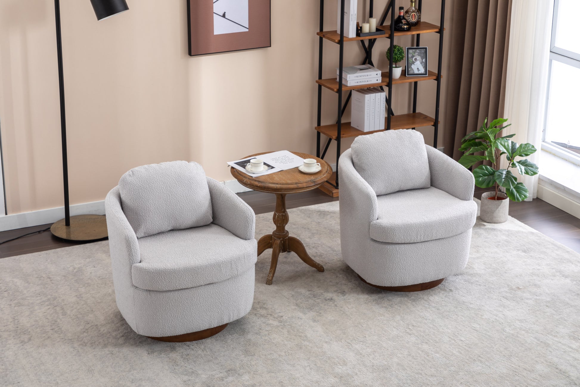 035 Boucle Fabric Swivel Accent Chair With Soild Wood Round Brown Base Leg,Light Gray Light Gray Brown Primary Living Space Modern Eucalyptus Foam Boucle