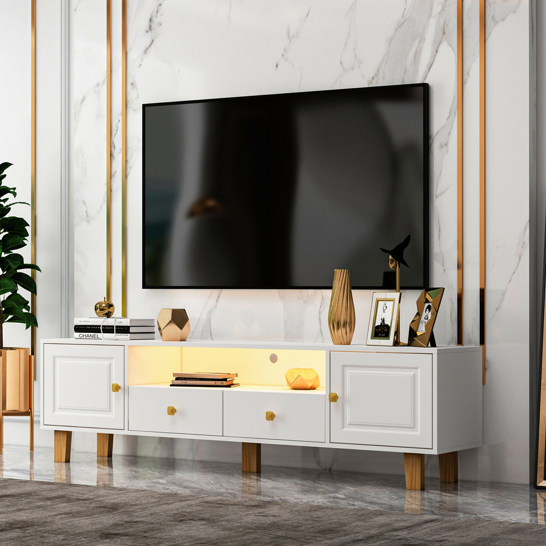 Tv Stand,Tv Cabinet,Entertainment Center,Tv Console,Media Console,Plastic Door Panel,With Led Remote Control Light,Metal Handle,Solid Wooden Leg,Can Be Placed In The Living Room,Color:White White White Primary Living Space 60 69 Inches 60 69 Inches