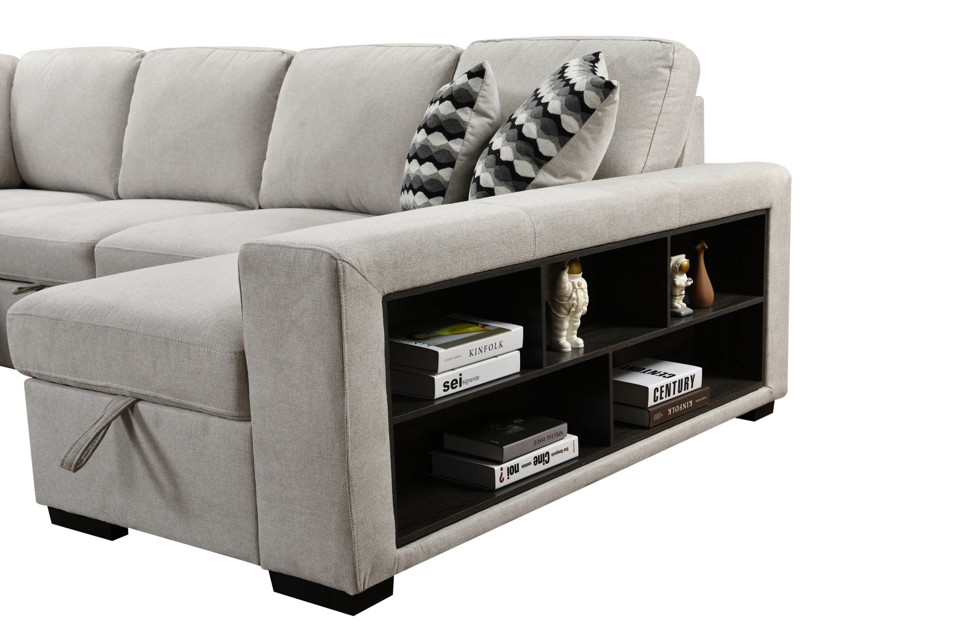 125'' Modern U Shaped 7 Seat Sectional Sofa Couch With Cabinet,Sofa Bed With Storage Chaise Pull Out Couch Bed For Living Room,Beige Light Brown Wood Primary Living Space Heavy Duty Eucalyptus 7 Seat Beige Polyester Soft Pillow Back Modern Square Arms