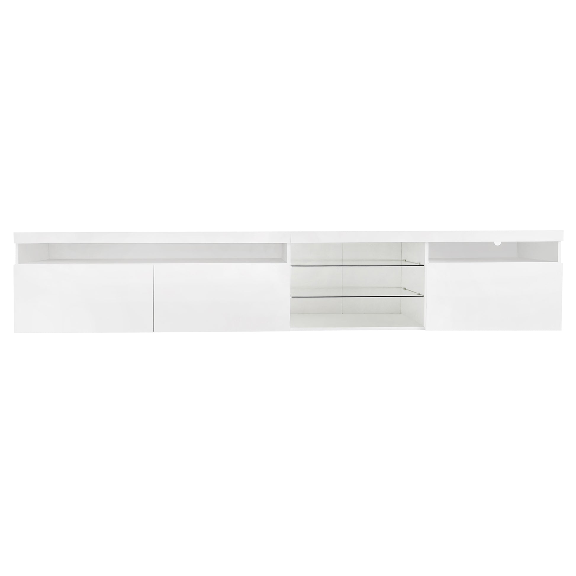 Unique Design Tv Stand With 2 Glass Shelves, Large Storage Space Media Console For Tvs Up To 105", Versatile Tv Cabinet With Led Color Changing Lights For Living Room, White White Primary Living Space 90 Inches Or Larger Particle Board