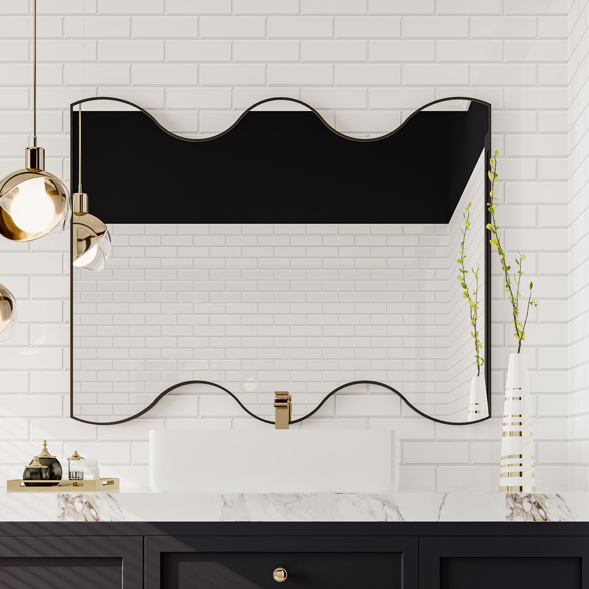 Wall Mirror 30X35 Inch Black Rectangular Mirror With 2 Wavy Sides Metal Framed Mirror Vanity Mirror Dressing Mirror, For Bathroom, Living Room, Bedroom Wall Decor Black Glass