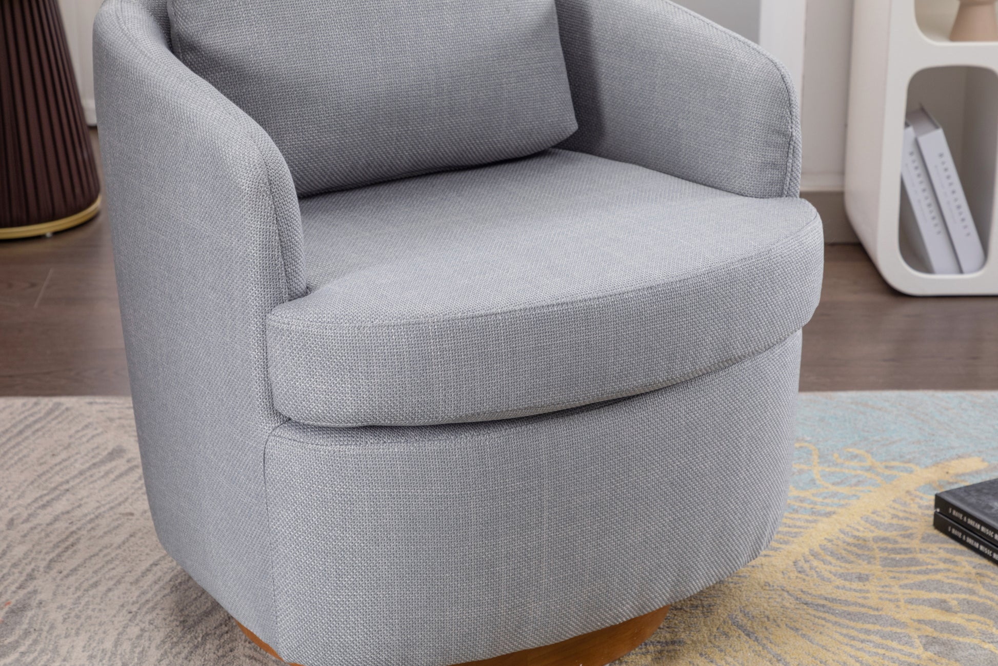 035 Linen Fabric Swivel Accent Chair With Soild Wood Round Brown Base Leg,Light Blue Light Blue Brown Primary Living Space Modern Eucalyptus Foam Linen