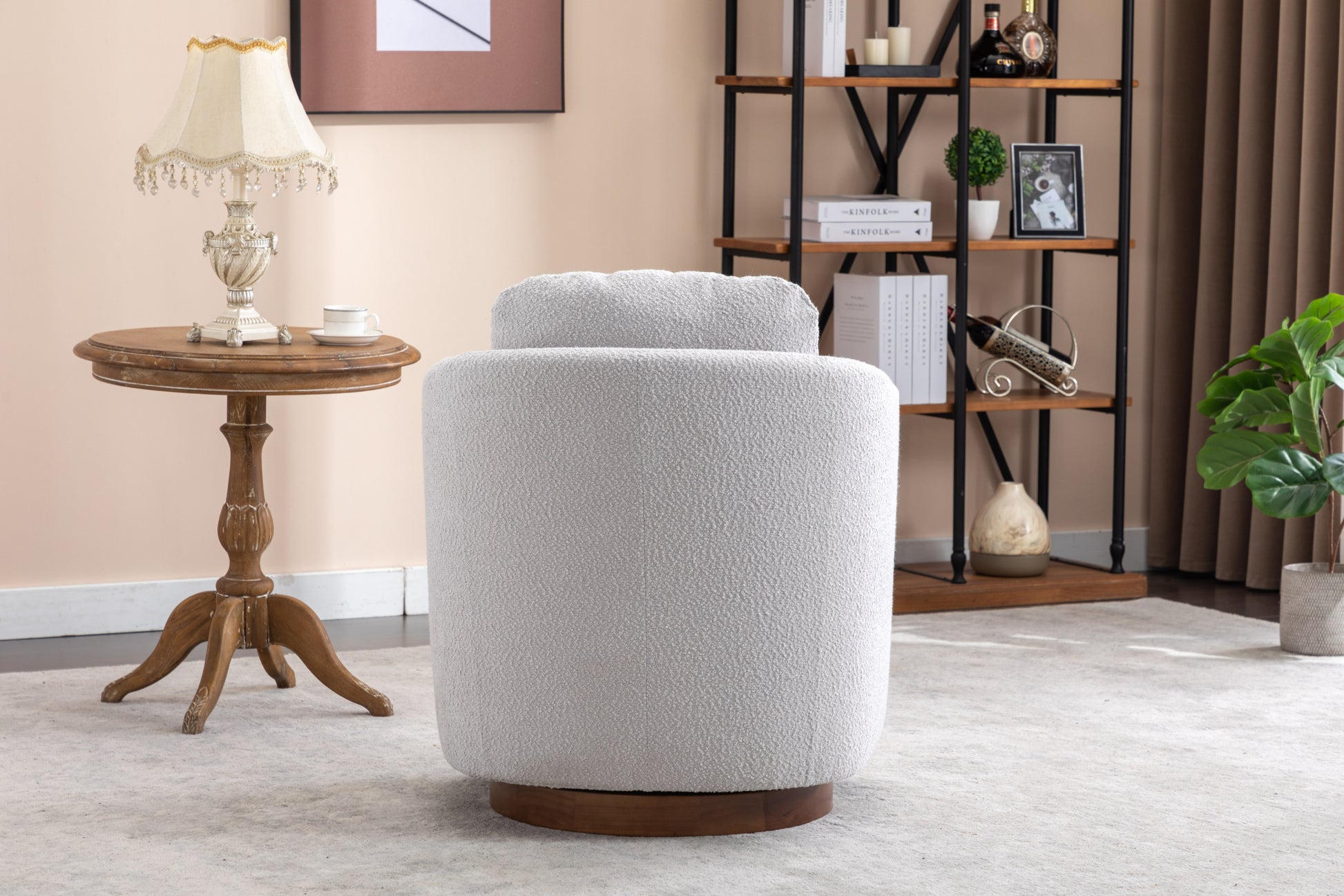 035 Boucle Fabric Swivel Accent Chair With Soild Wood Round Brown Base Leg,Light Gray Light Gray Brown Primary Living Space Modern Eucalyptus Foam Boucle