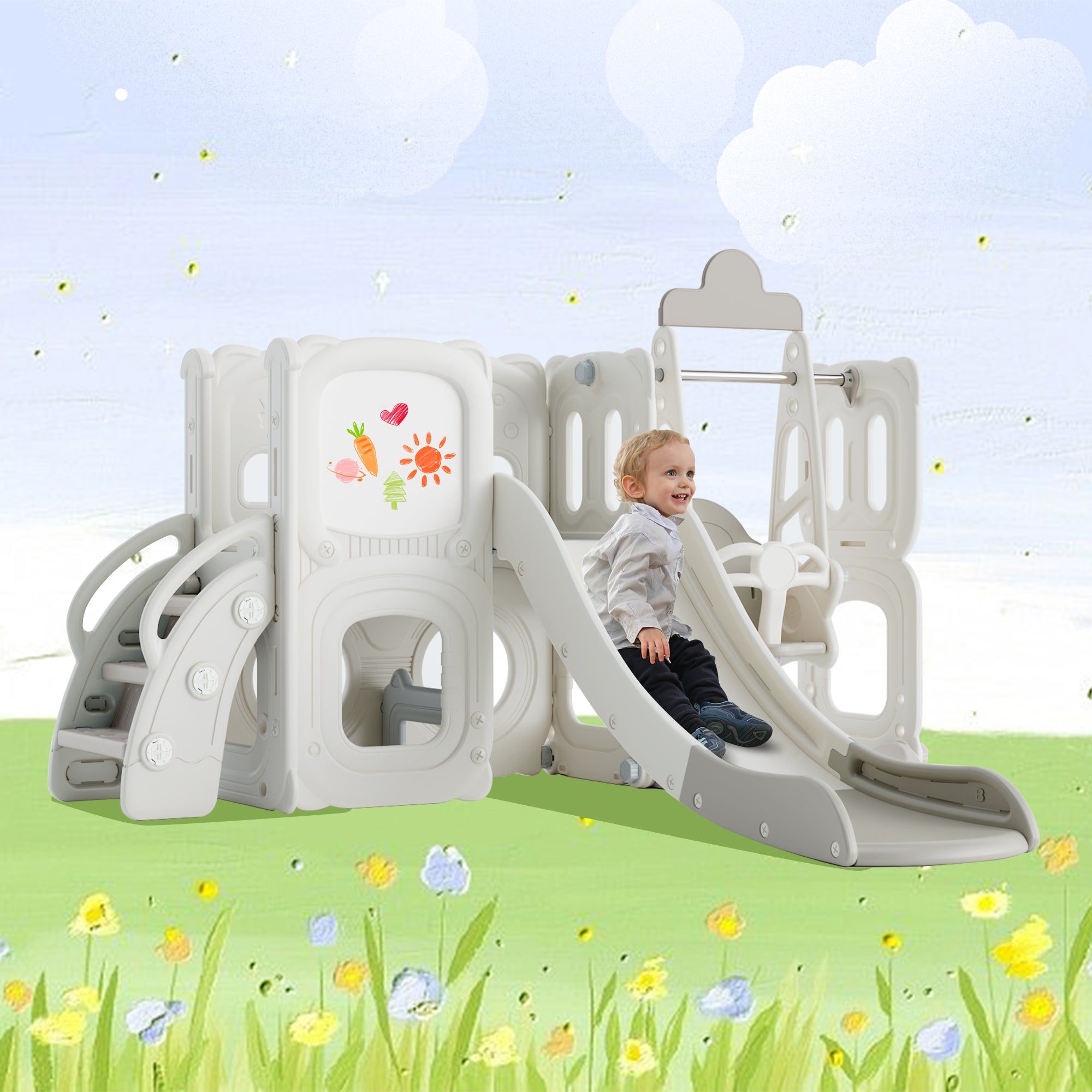 5 In 1 Toddler Slide And Swing Set, Kids Playground Climber Slide Playset With Drawing Whiteboard, Freestanding Combination For Babies Grey 50 99 Lbs Hdpe