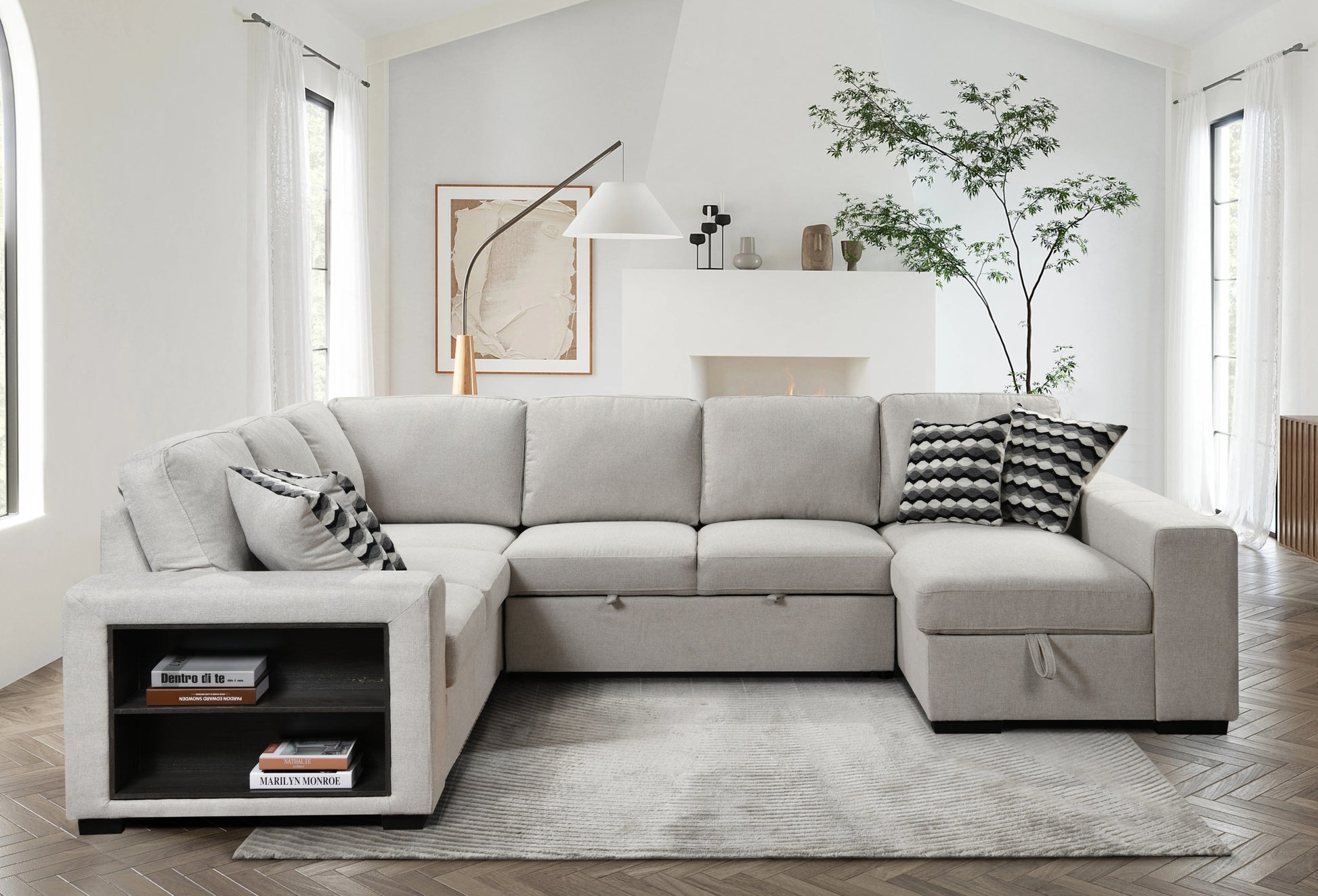 125'' Modern U Shaped 7 Seat Sectional Sofa Couch With Cabinet,Sofa Bed With Storage Chaise Pull Out Couch Bed For Living Room,Beige Light Brown Wood Primary Living Space Heavy Duty Eucalyptus 7 Seat Beige Polyester Soft Pillow Back Modern Square Arms