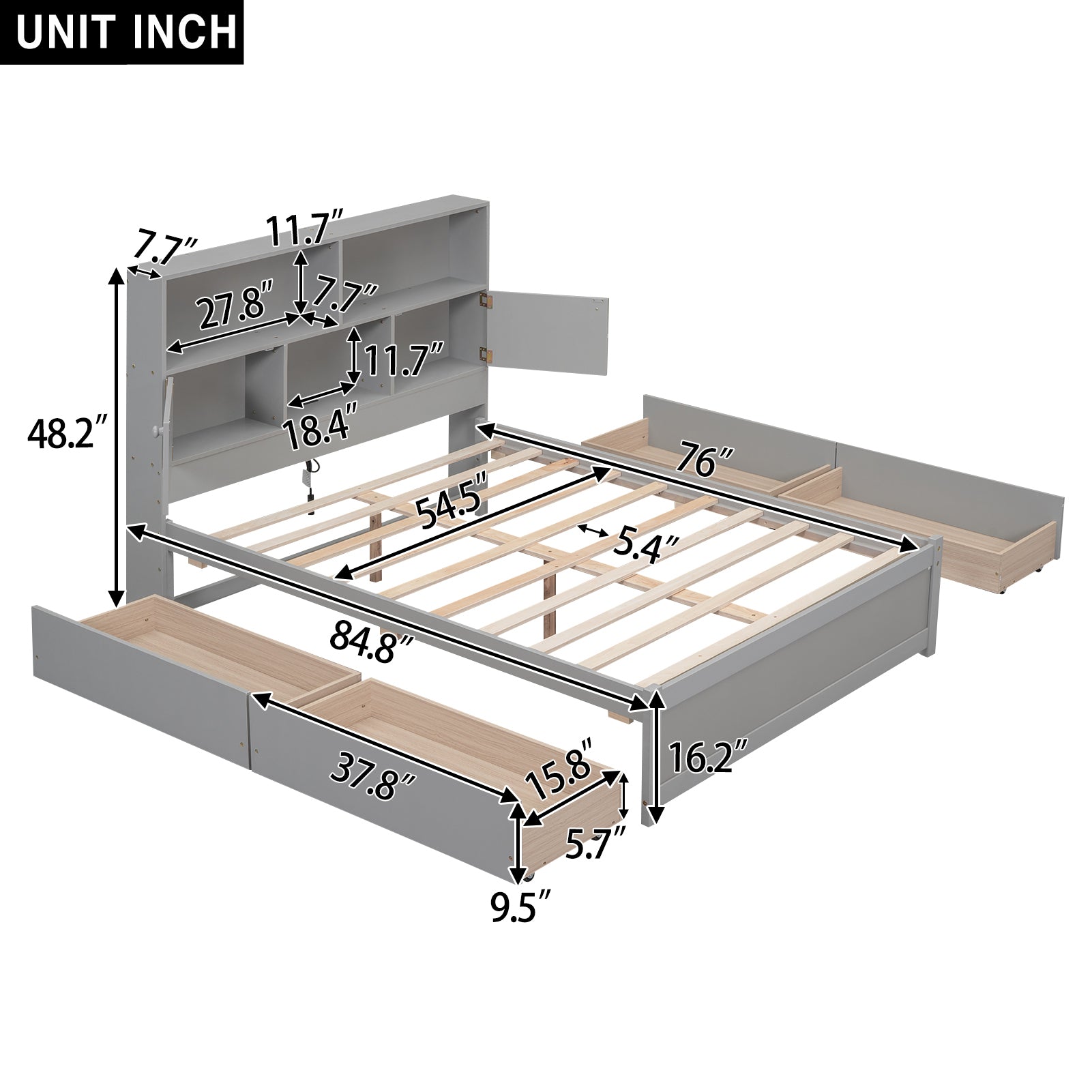 Full Size Platform Bed With Storage Headboard, Charging Station And 4 Drawers, Gray Box Spring Not Required Full Gray Wood Bedroom Bed Frame Solid Wood Mdf