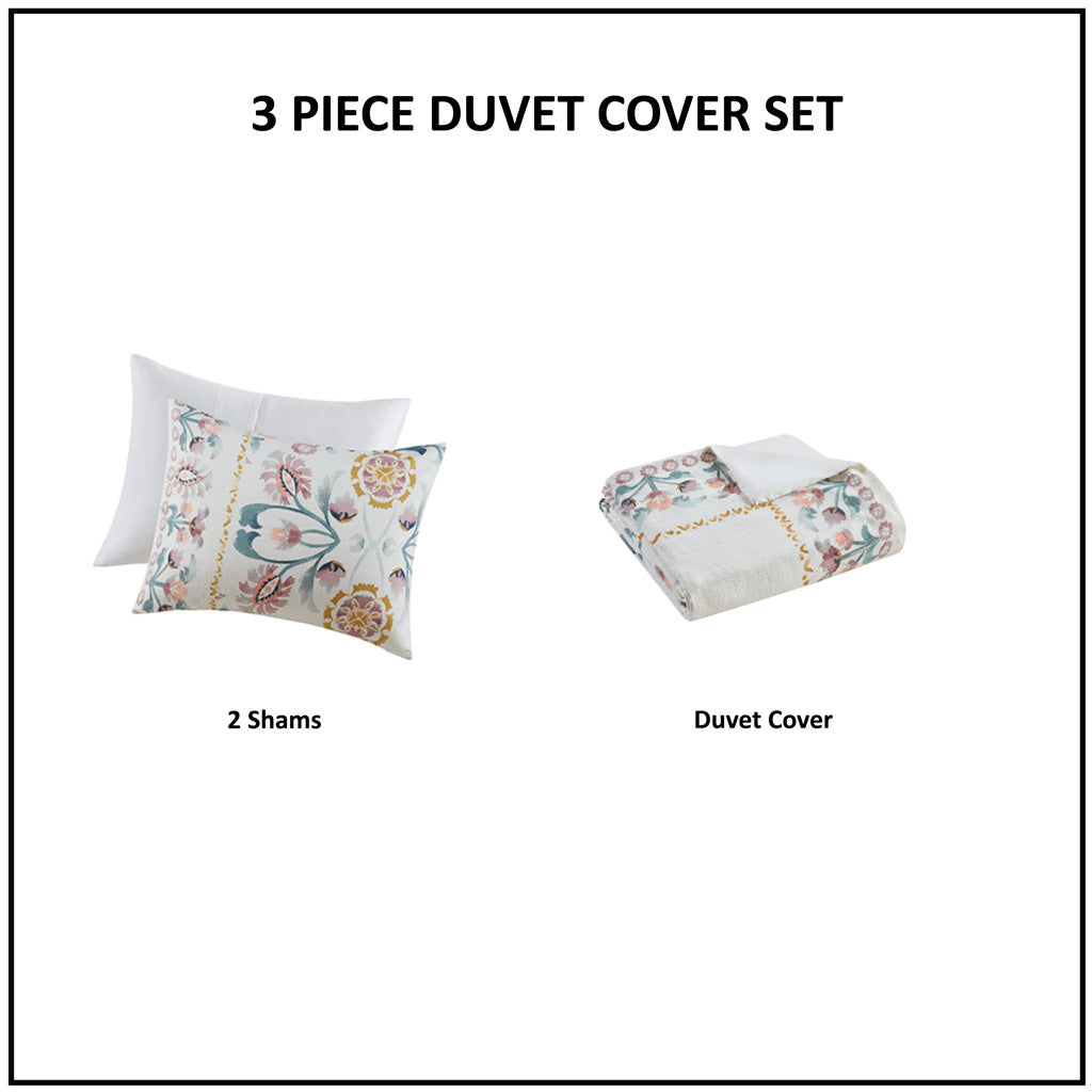 3 Piece Floral Duvet Cover Set White Multi Cotton