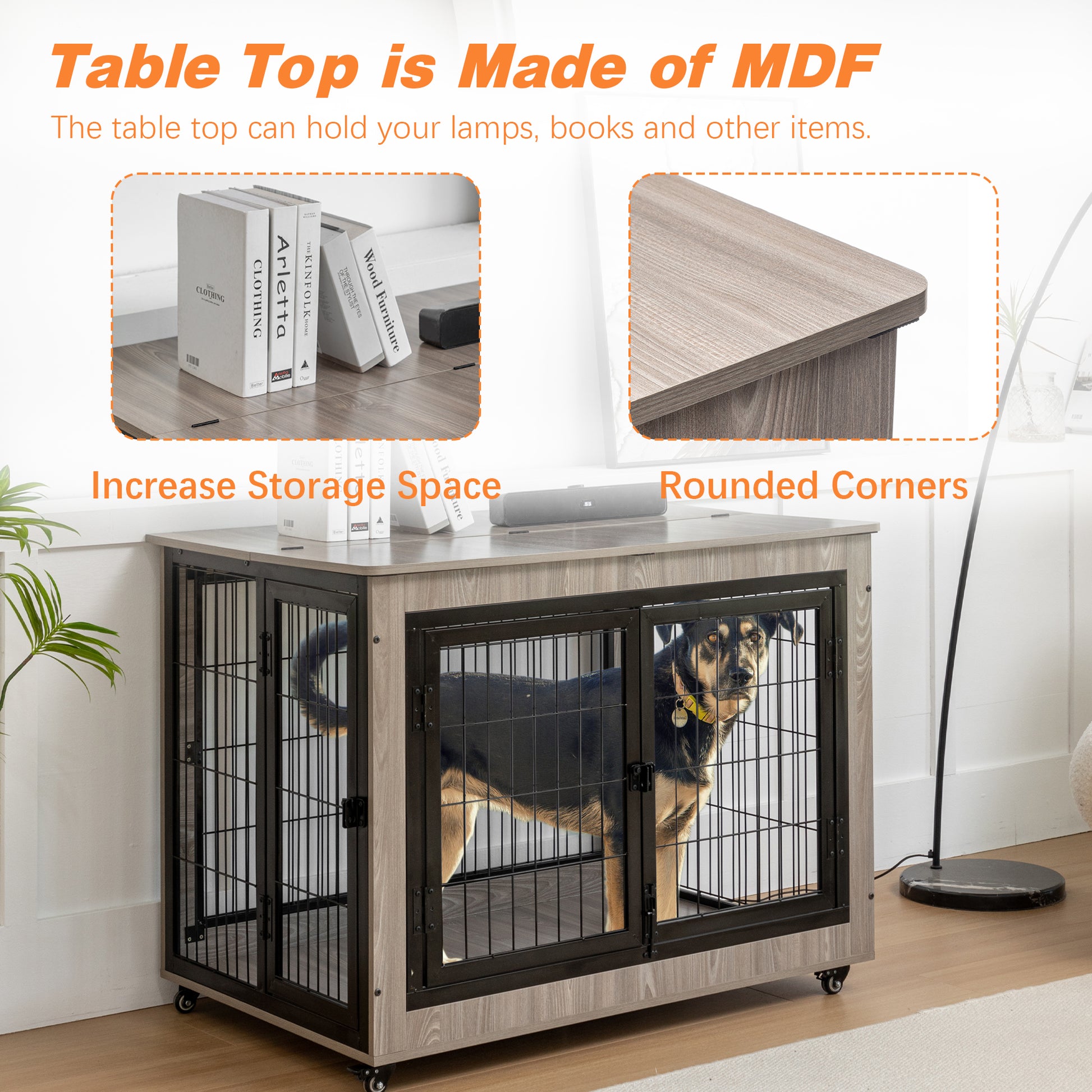 Dog Crate Furniture, Large Dog Kennel, 43"Wooden Pet Furniture With Pull Out Tray, Home And Indoor Use, Double Door Modern Side End Table For Medium Large Small Dog Grey Mdf Steel