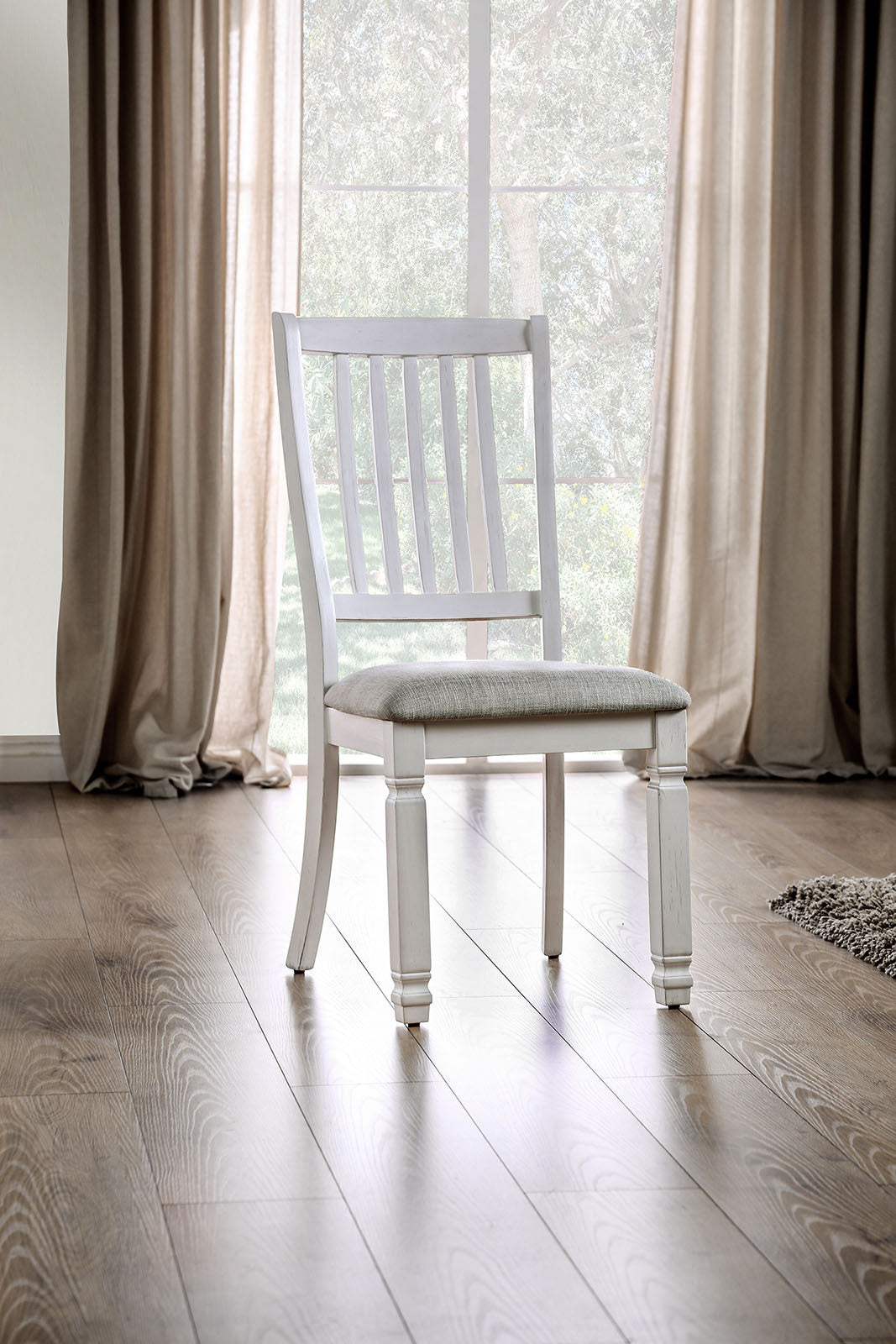 Dining Room Furniture Set Of 2Pcs Side Chairs Antique White Solid Wood Slats Back Light Gray Padded Fabric Seat Cushions Kitchen Breakfast Antique White Gray White Dining Room Rustic,Transitional Side Chair Rubberwood Slat Back Solid Wood