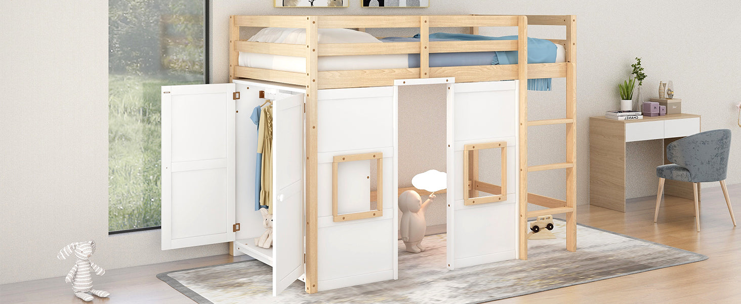 Wood Twin Size Loft Bed With Built In Storage Wardrobe And 2 Windows, Natural White Box Spring Not Required Twin Natural White Wood Bedroom Wood