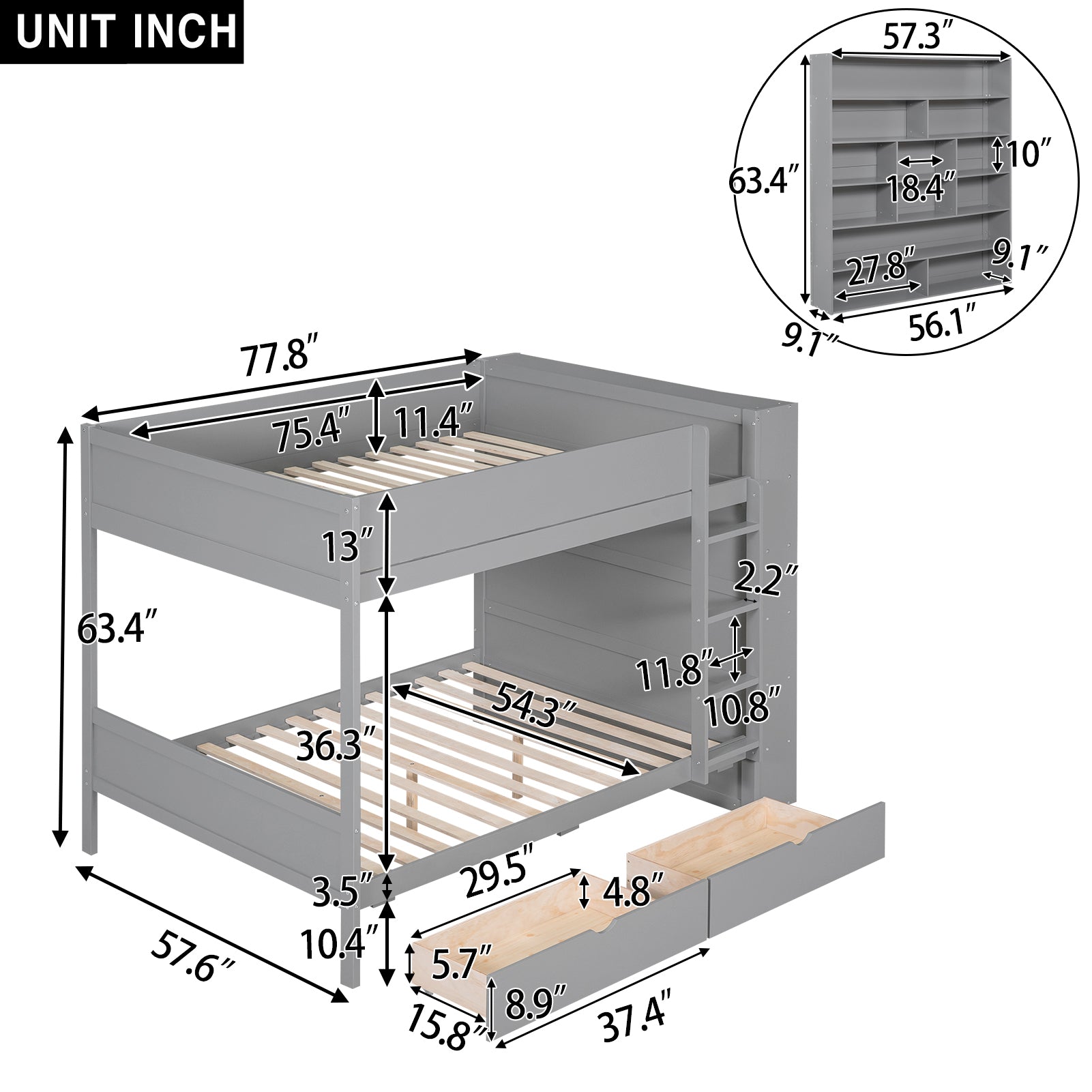 Full Over Full Bunk Bed With 2 Drawers And Multi Layer Cabinet, Gray Gray Solid Wood Mdf