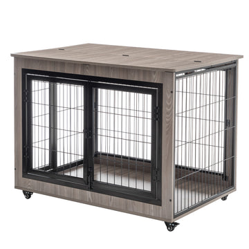 Dog Crate Furniture, Large Dog Kennel, 43"Wooden Pet Furniture With Pull Out Tray, Home And Indoor Use, Double Door Modern Side End Table For Medium Large Small Dog Grey Mdf Steel