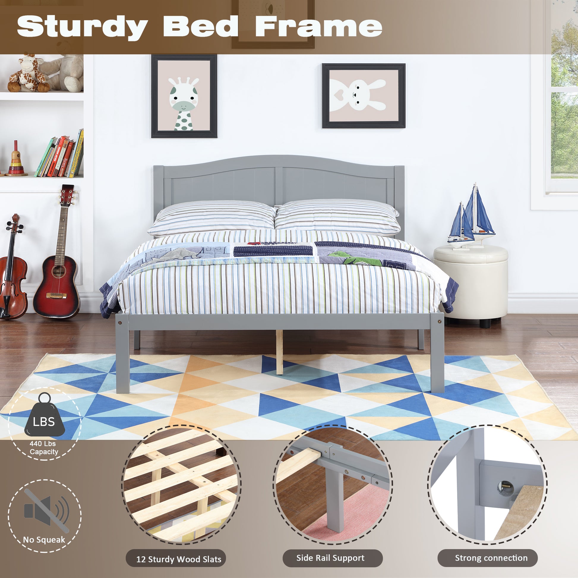 Full Bed Frame, Wood Platform Bed With Headboard, Bed Frame With Wood Slat Support For Kids, Easy Assembly,No Box Spring Needed, Gray Box Spring Not Required Full Gray Wood Solid Wood