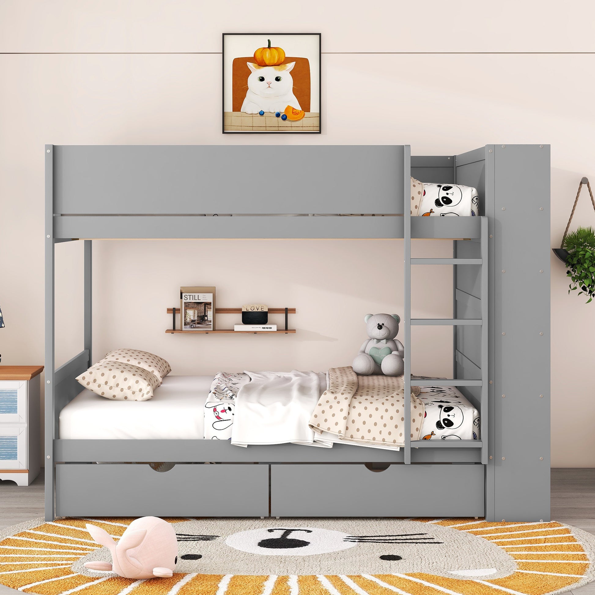 Full Over Full Bunk Bed With 2 Drawers And Multi Layer Cabinet, Gray Gray Solid Wood Mdf