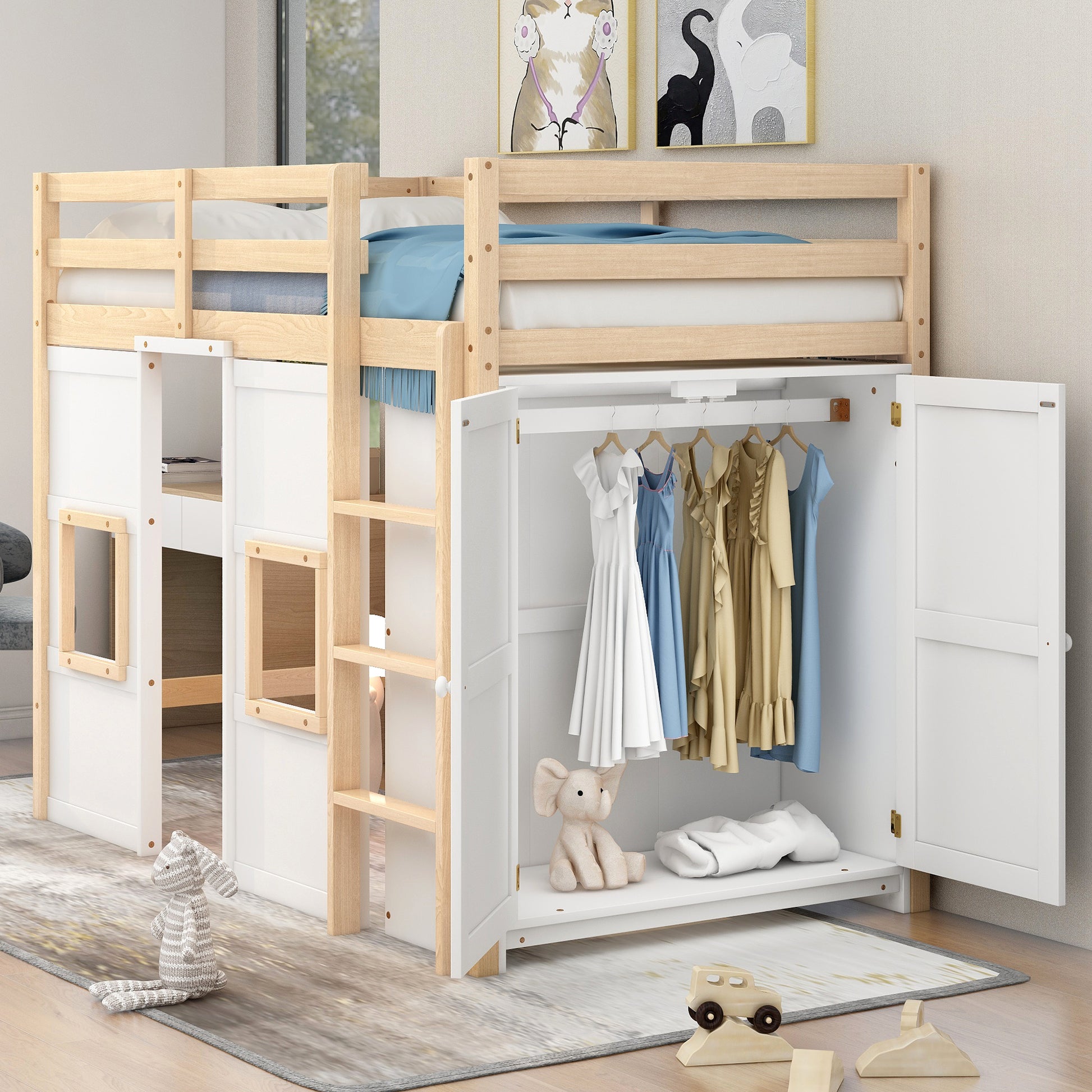 Wood Twin Size Loft Bed With Built In Storage Wardrobe And 2 Windows, Natural White Box Spring Not Required Twin Natural White Wood Bedroom Wood