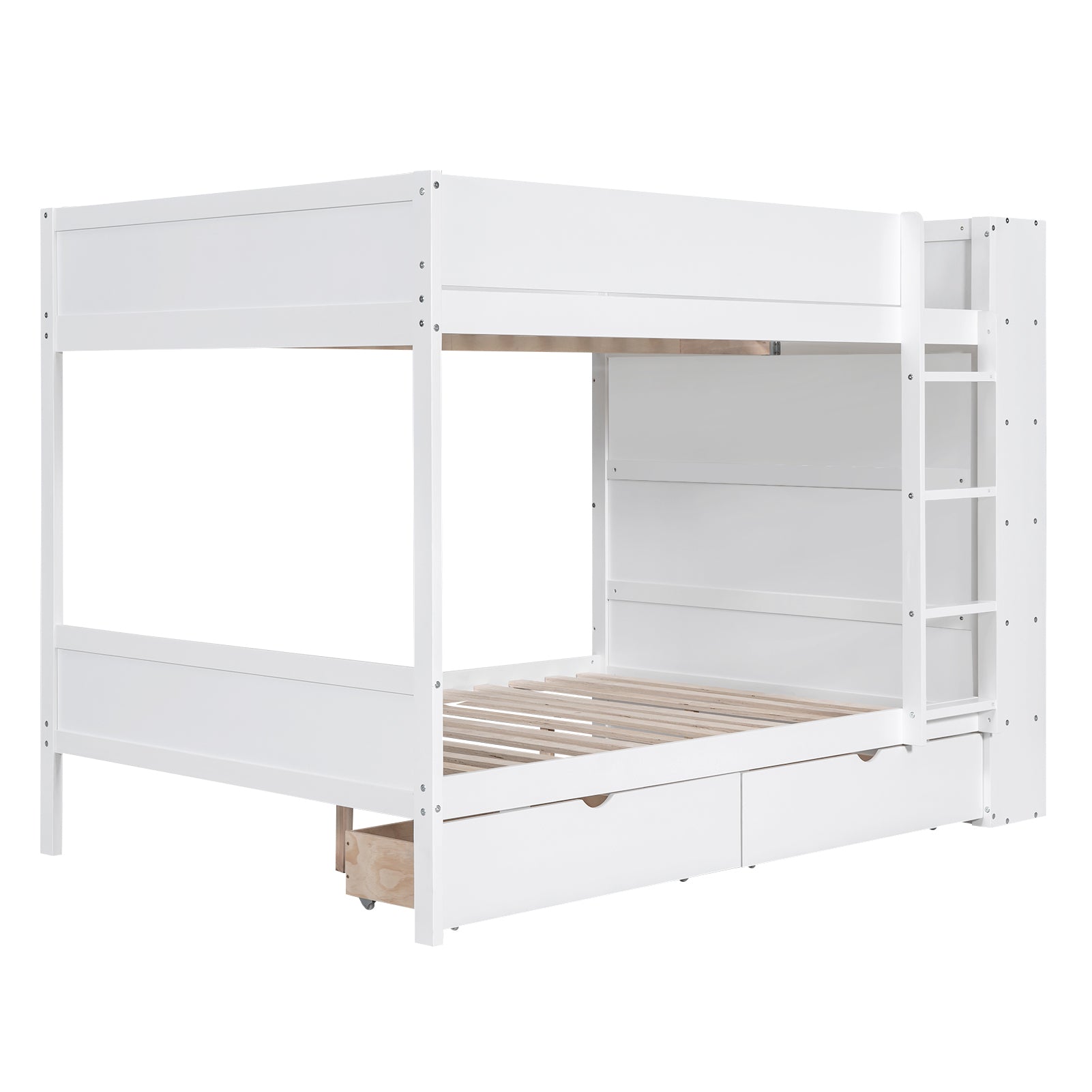 Full Over Full Bunk Bed With 2 Drawers And Multi Layer Cabinet, White White Solid Wood Mdf