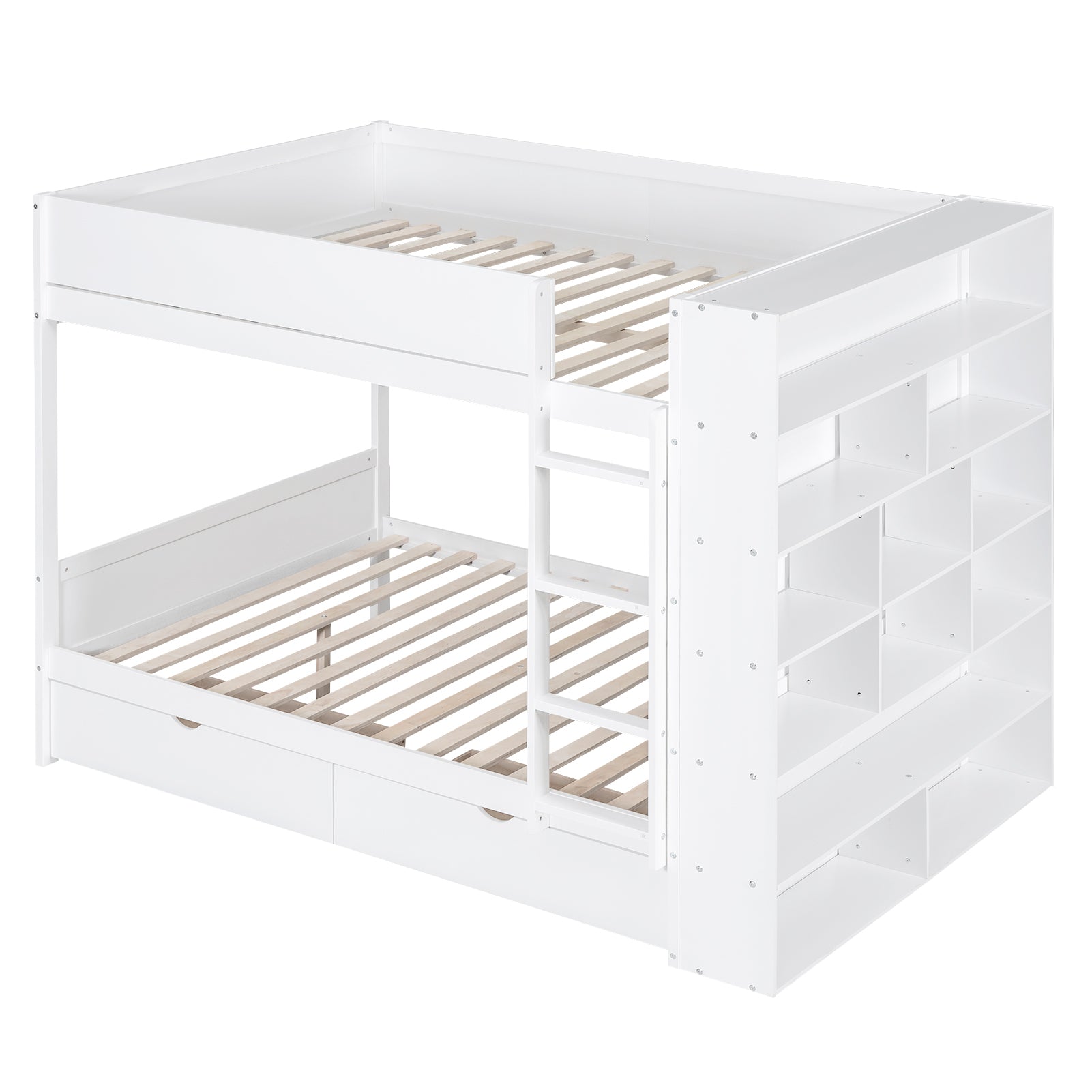 Full Over Full Bunk Bed With 2 Drawers And Multi Layer Cabinet, White White Solid Wood Mdf