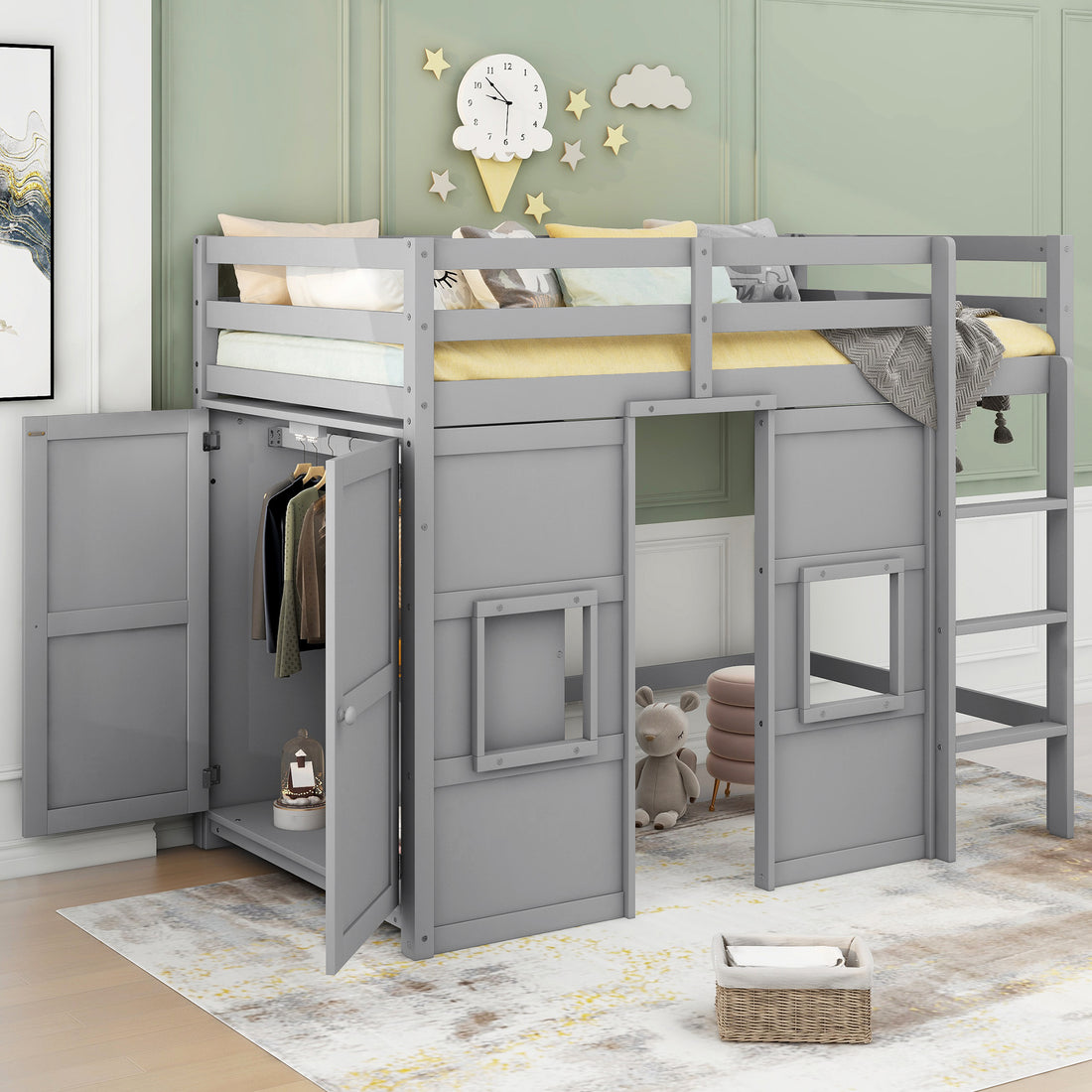 Wood Twin Size Loft Bed With Built In Storage Wardrobe And 2 Windows, Gray Box Spring Not Required Twin Gray Wood Bedroom Wood