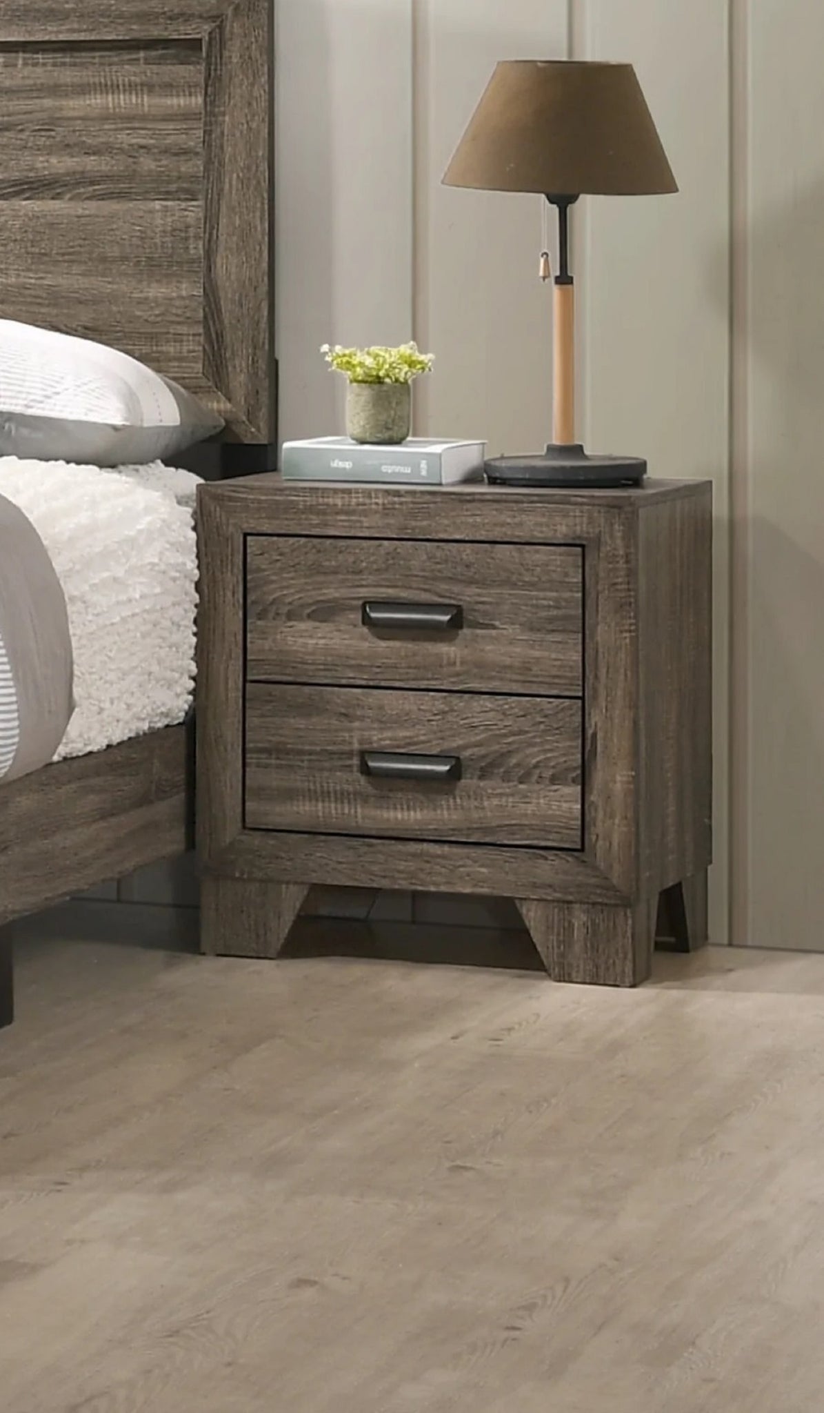 1Pc Transitional 2 Drawer Nightstand With Metal Hardware Rustic Gray Finish Bedroom Furniture Gray 2 Drawers Bedside Cabinet Wood