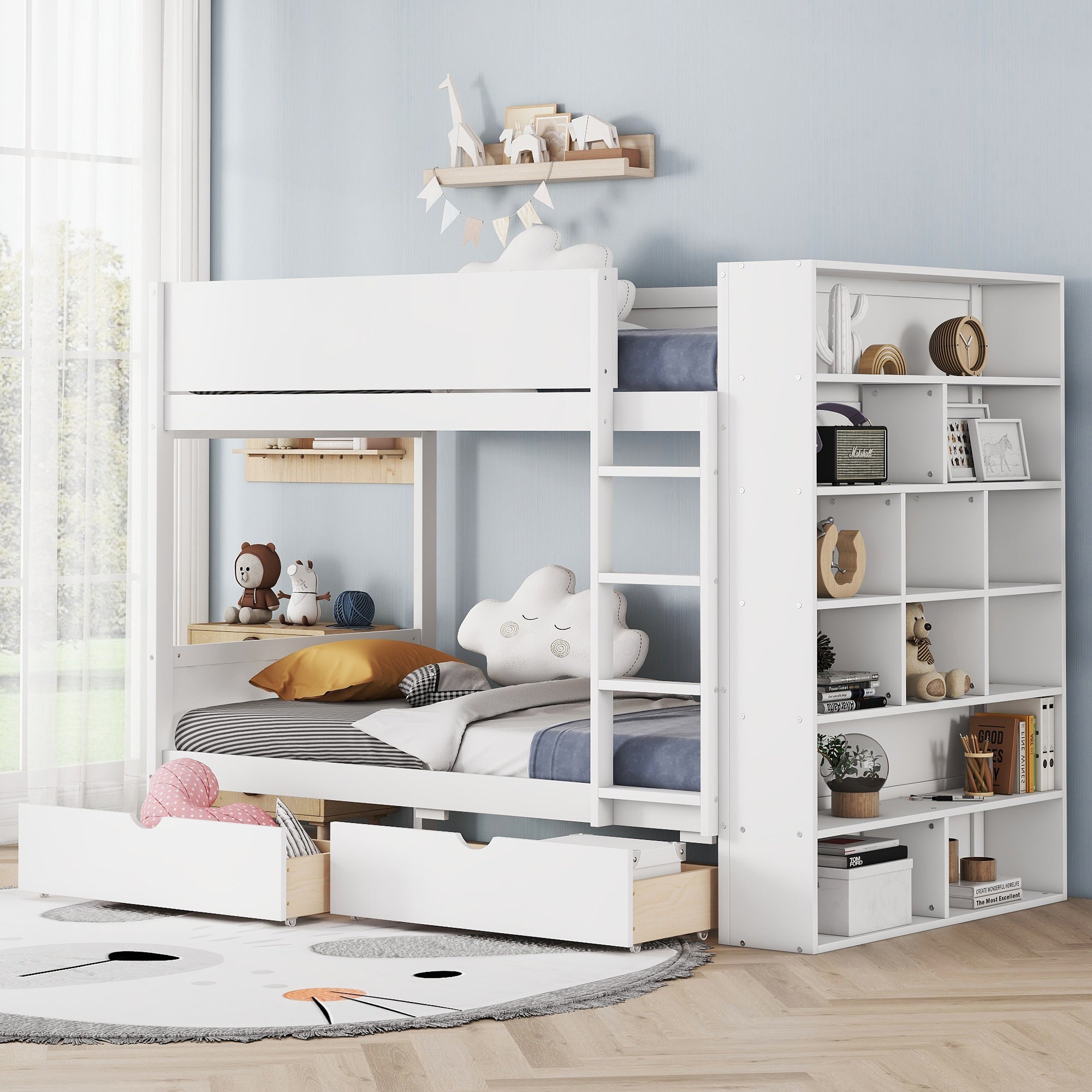 Twin Over Twin Bunk Bed With 2 Drawers And Multi Layer Cabinet, White White Solid Wood Mdf