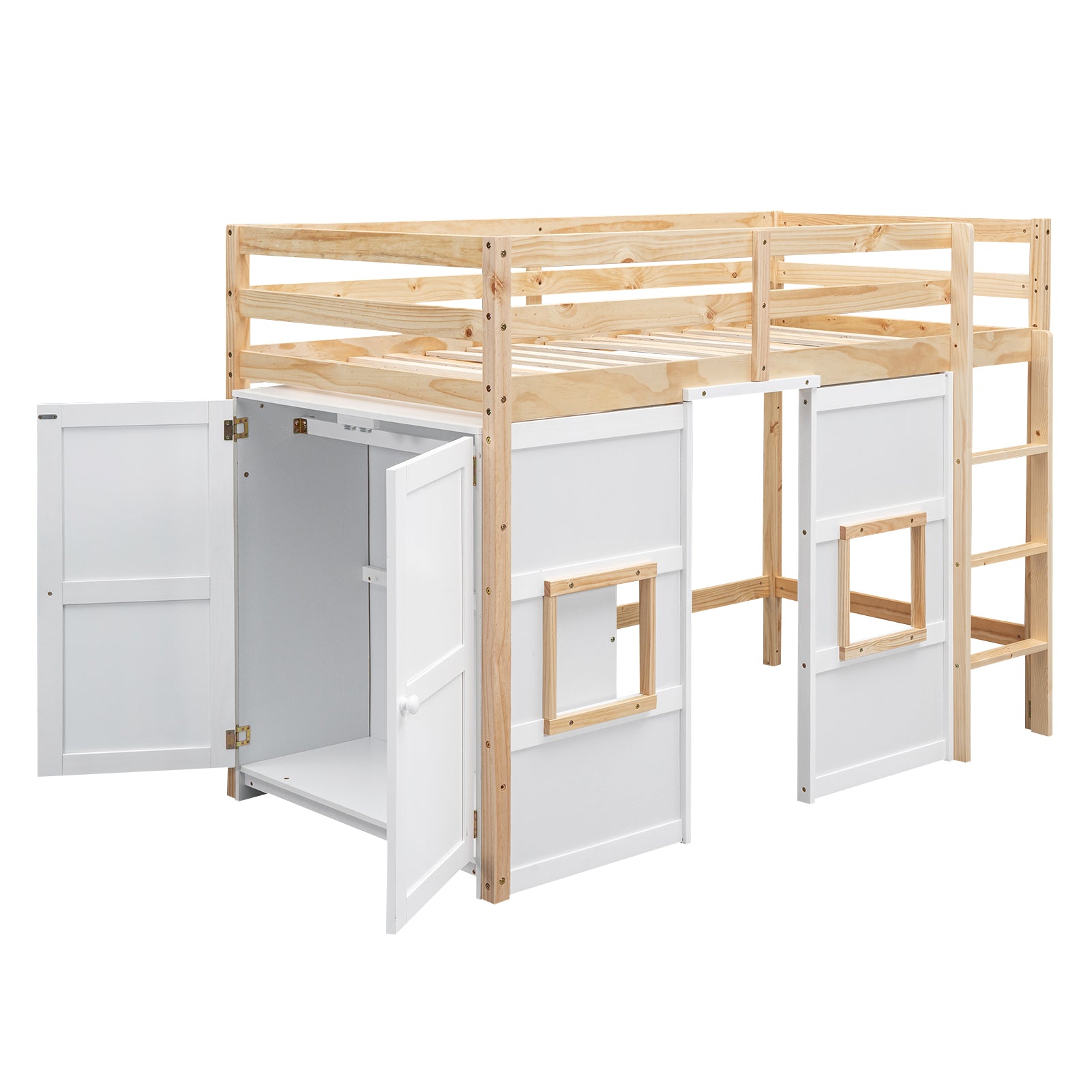 Wood Twin Size Loft Bed With Built In Storage Wardrobe And 2 Windows, Natural White Box Spring Not Required Twin Natural White Wood Bedroom Wood