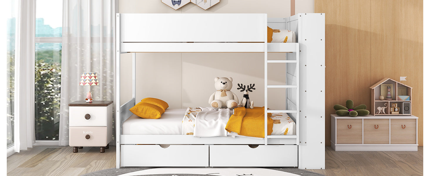 Full Over Full Bunk Bed With 2 Drawers And Multi Layer Cabinet, White White Solid Wood Mdf