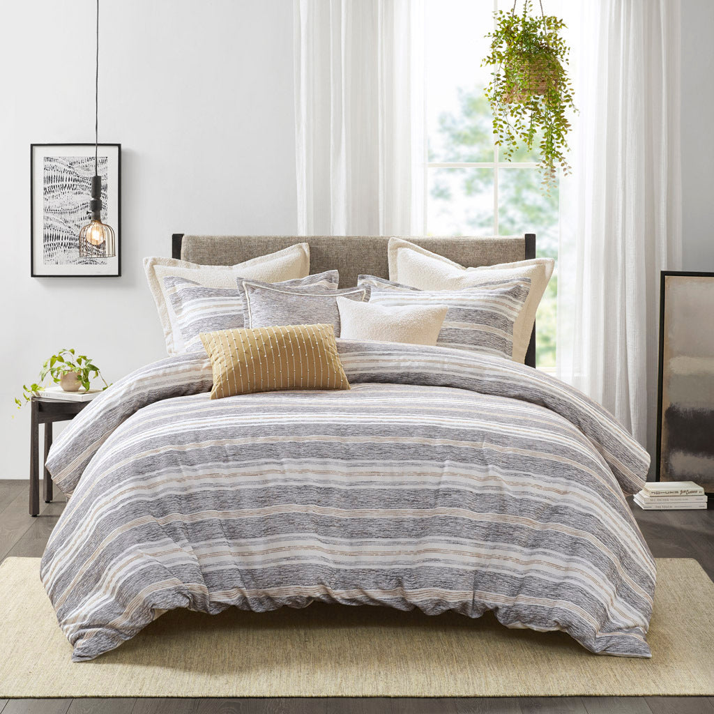 Oversized Chenille Jacquard Striped Comforter Set With Euro Shams And Throw Pillows Charcoal Cotton