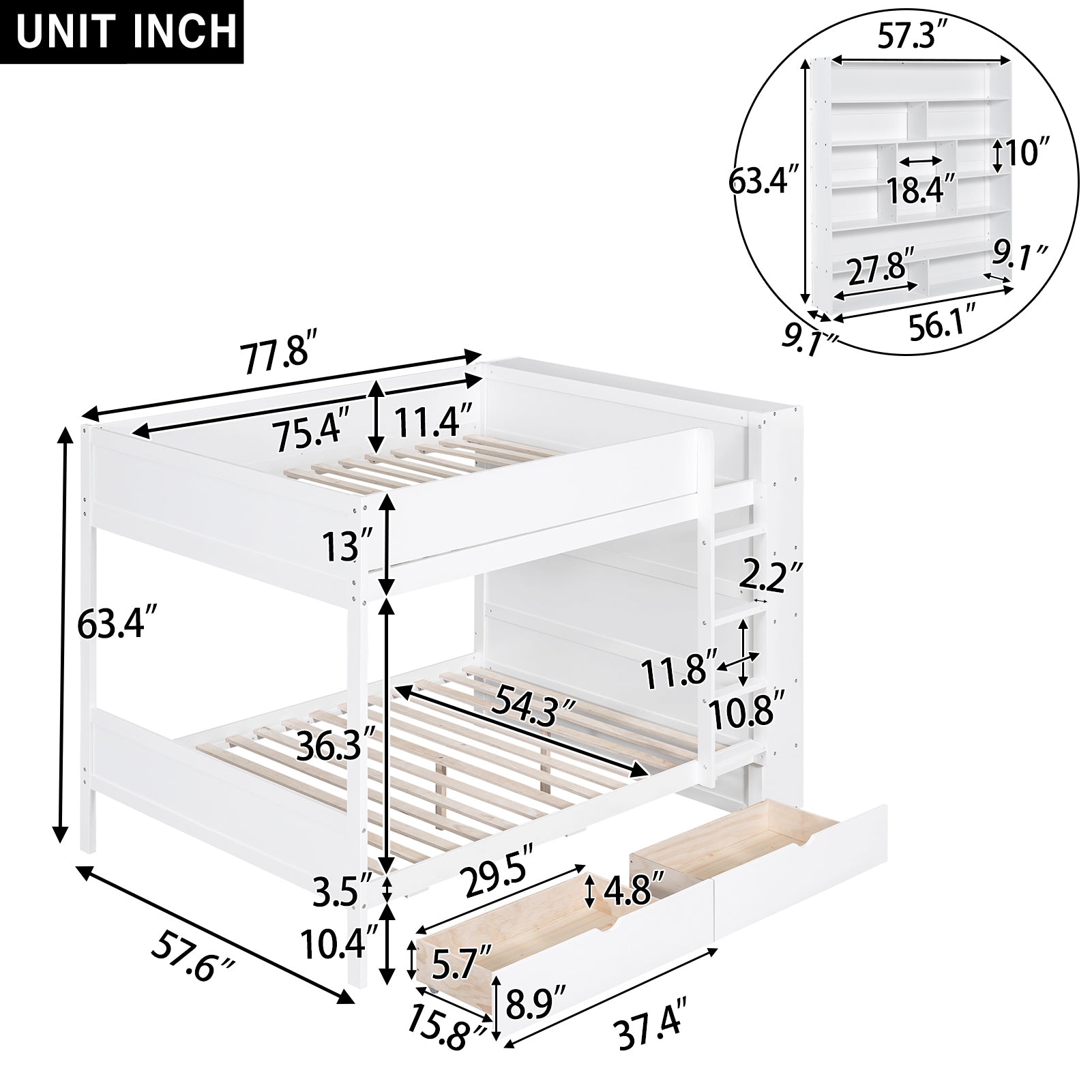 Full Over Full Bunk Bed With 2 Drawers And Multi Layer Cabinet, White White Solid Wood Mdf