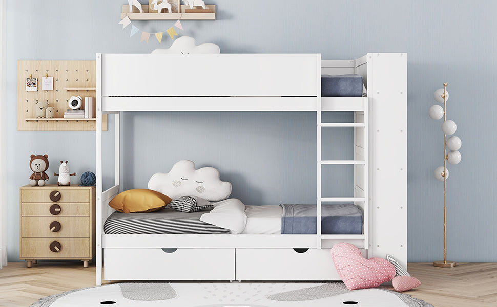 Twin Over Twin Bunk Bed With 2 Drawers And Multi Layer Cabinet, White White Solid Wood Mdf