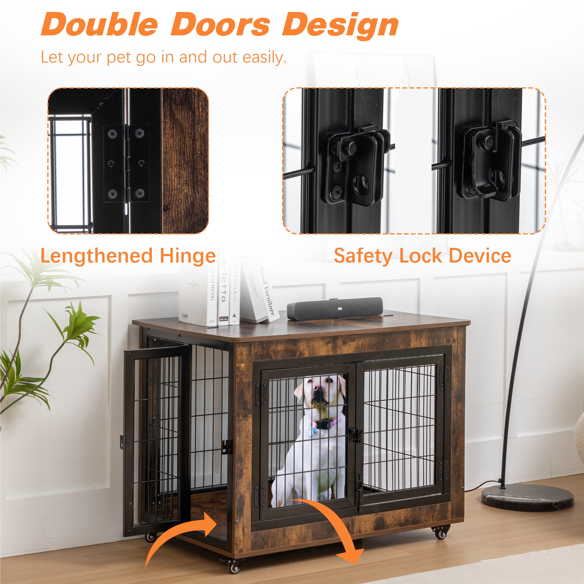 Dog Crate Furniture, Large Dog Kennel, 38"Wooden Pet Furniture With Pull Out Tray, Home And Indoor Use, Double Door Modern Side End Table For Medium Large Small Dog Brown Mdf Steel