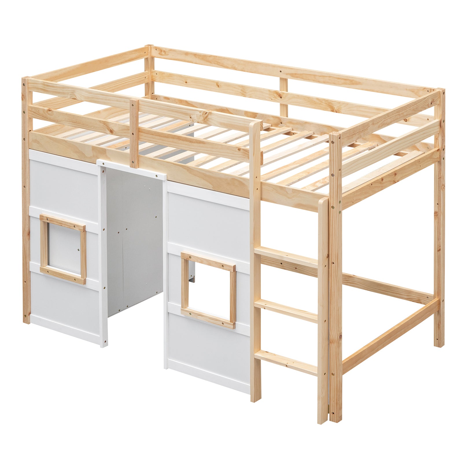 Wood Twin Size Loft Bed With Built In Storage Wardrobe And 2 Windows, Natural White Box Spring Not Required Twin Natural White Wood Bedroom Wood